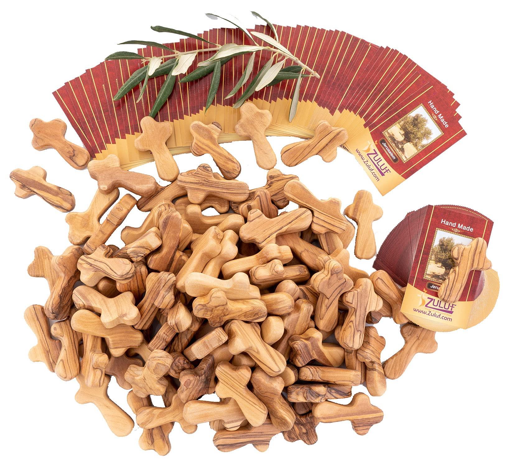 Zuluf Zuluf 100 Small Olive Wood Comfort Crosses from Bethlehem Israel | Pocket Holding Crosses | Comes With 100 Holy Land Certificates 6cm / 2.5 Inch Each Cross - CRS301
