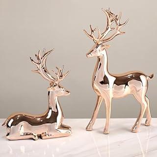 PODSI PODSI 2Pcs Rose Sika Statues Deer Couple Figures Reindeer Sculpture, Animal Figurines Elk Home Dcor, Desktop Art Figure, Collectible Crafts Decorations for Living Room Party (Rose)