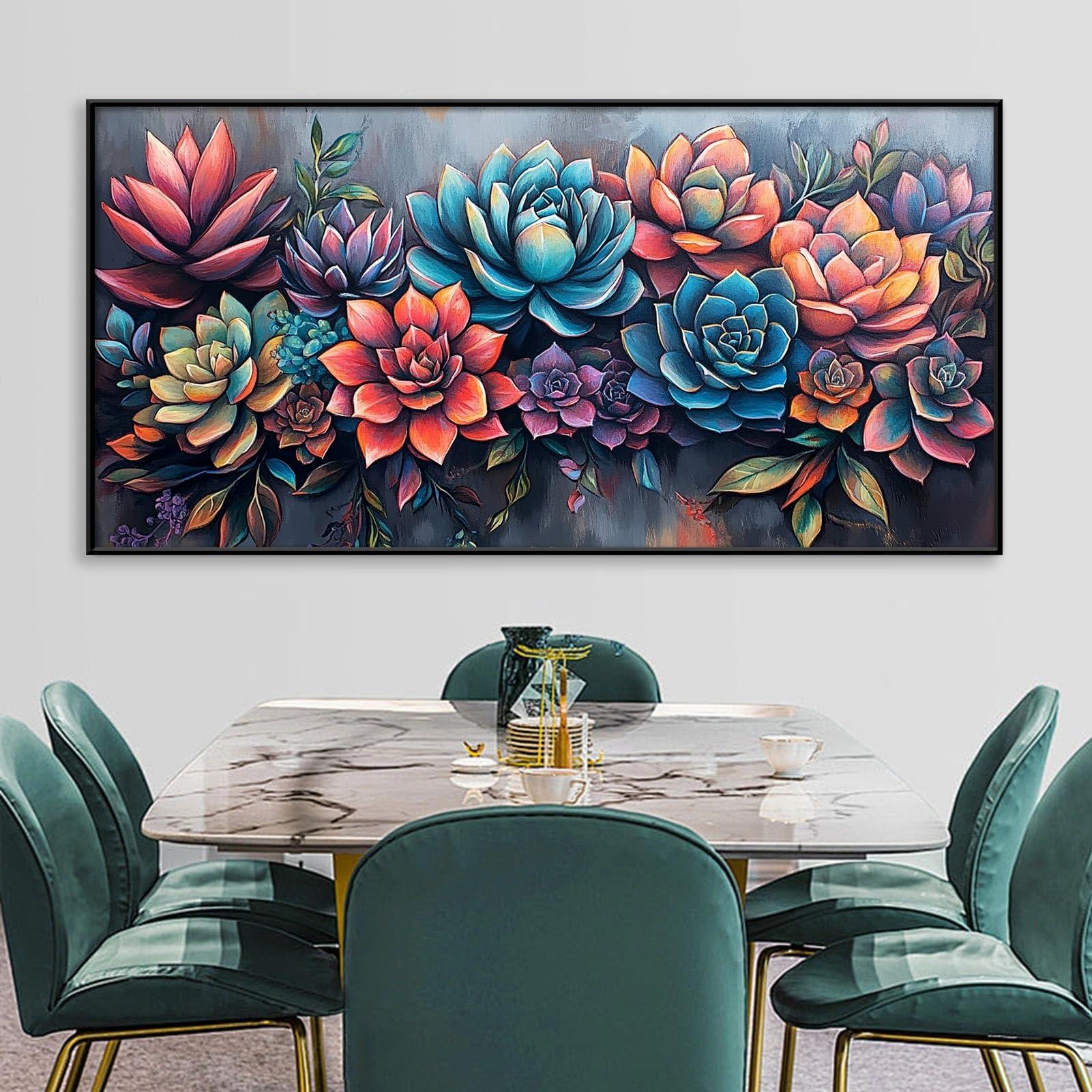 Gueeclk Succulent Canvas Wall Art, Abstract Succulent Canvas Print, Wall Succulent Decor, Plant Pictures Wall Art, Tropical Botanical Prints, Succulent Poster, Home Living Room Wall Decor (Gold Framed, 71\"x35\" | 180x90cm)