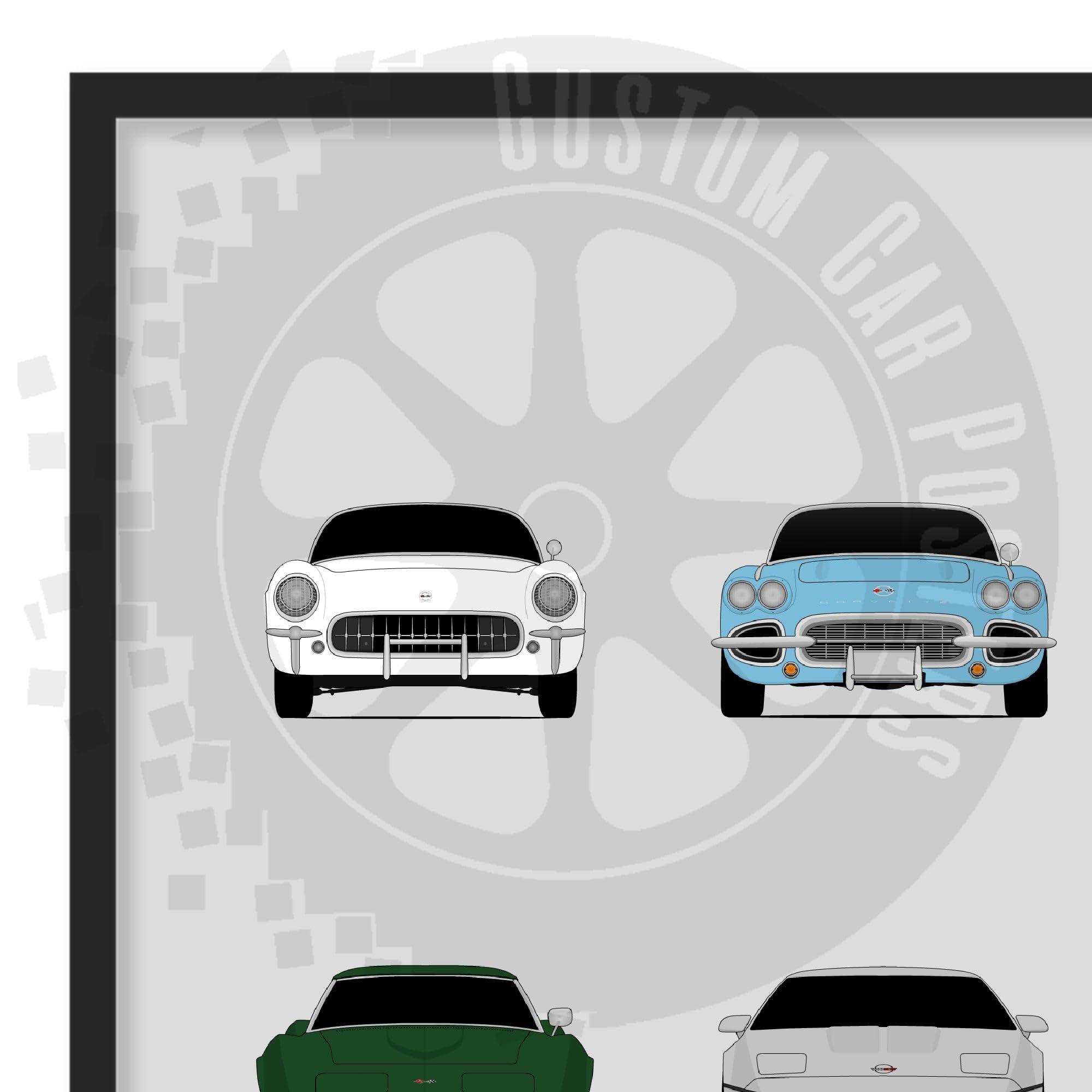 Custom Car Posters Custom Car Posters History of Chevy Corvette Generations and Handmade Print of Chevrolet Corvette (C1 C2 C3 C4 C5 C6 C7 C8) - Multi, 8x10\" Satin Print (Unframed)- Gift Car Enthusiast