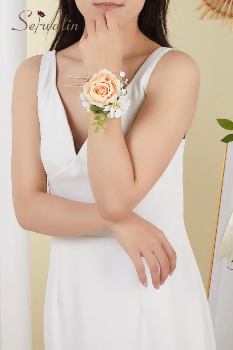 Serwalin Serwalin Champagne Corsage and Boutonniere Set, Champagne Rose Wrist Corsages for Wedding
