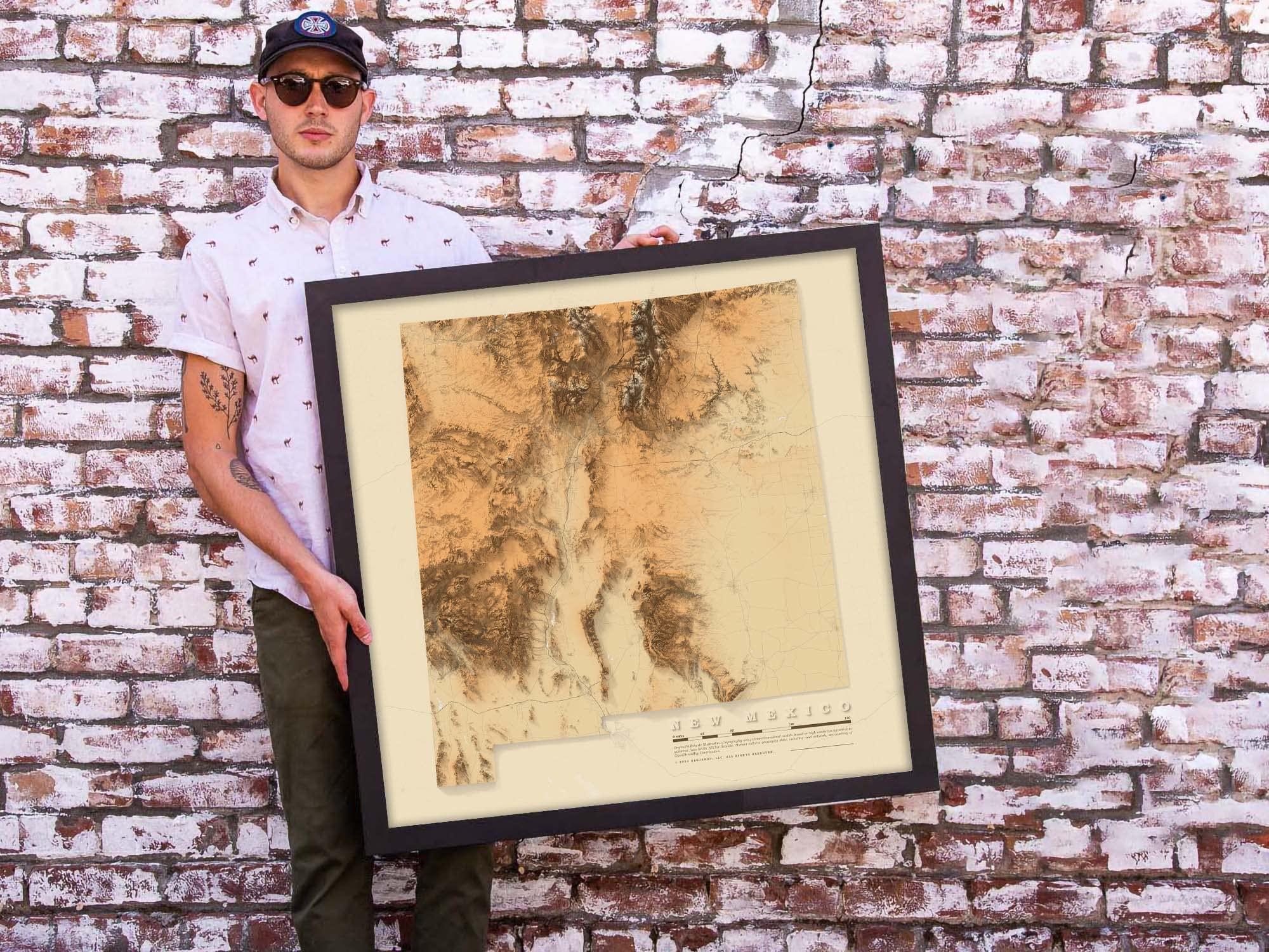 GEOJANGO GeoJango Maps, New Mexico State Physical Map; Topo Topographical Elevation Shaded Relief Framed Picture, 24x24 inch map (Antique)