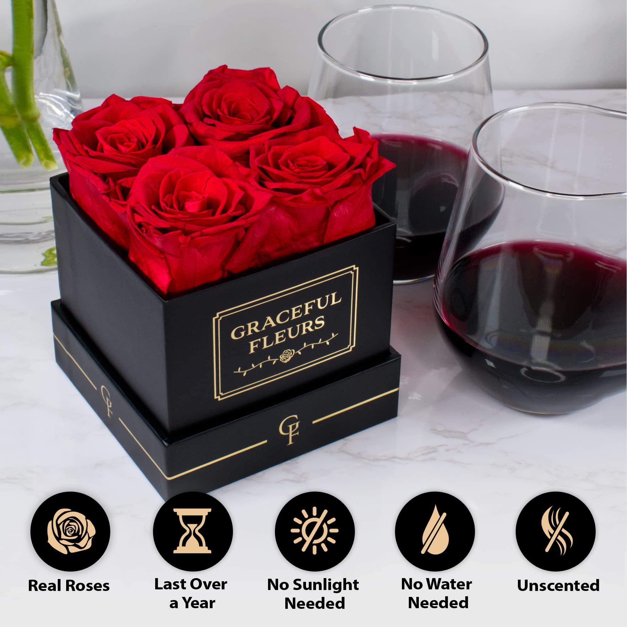 Chloe\'s Graceful Fleurs Graceful Fleurs | Real Roses That Lasts for Years | Preserved Fresh Flowers for Delivery Birthday | Forever Roses in a Box | Valentines Day Gifts for Her (Red, Black Box, 4 Roses)