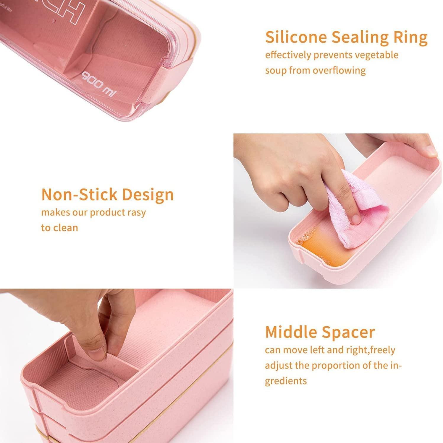 Rarapop Rarapop 2 Pack Stackable Bento Box Japanese Lunch Box Kit with Spoon & Fork, 3-In-1 Compartment Wheat Straw Meal Prep Containers for Kids & Adults (Pink/Beige)