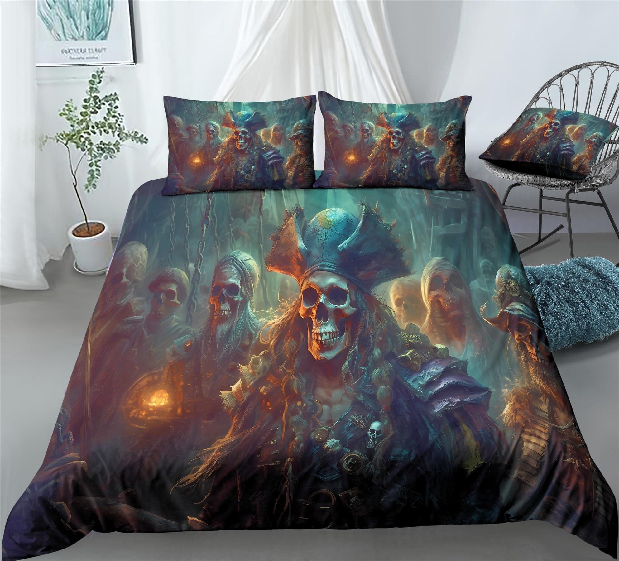 REALIN REALIN Frightening Human Skeleton Pirate Bedding Retro Nautical Pirate Duvet Cover Set Bed Sets 2/3/4PCS Quilt Covers/Sheets/Pillow Shams,Twin/Full/Queen/King (B,Full-200x229cm-4PCS)