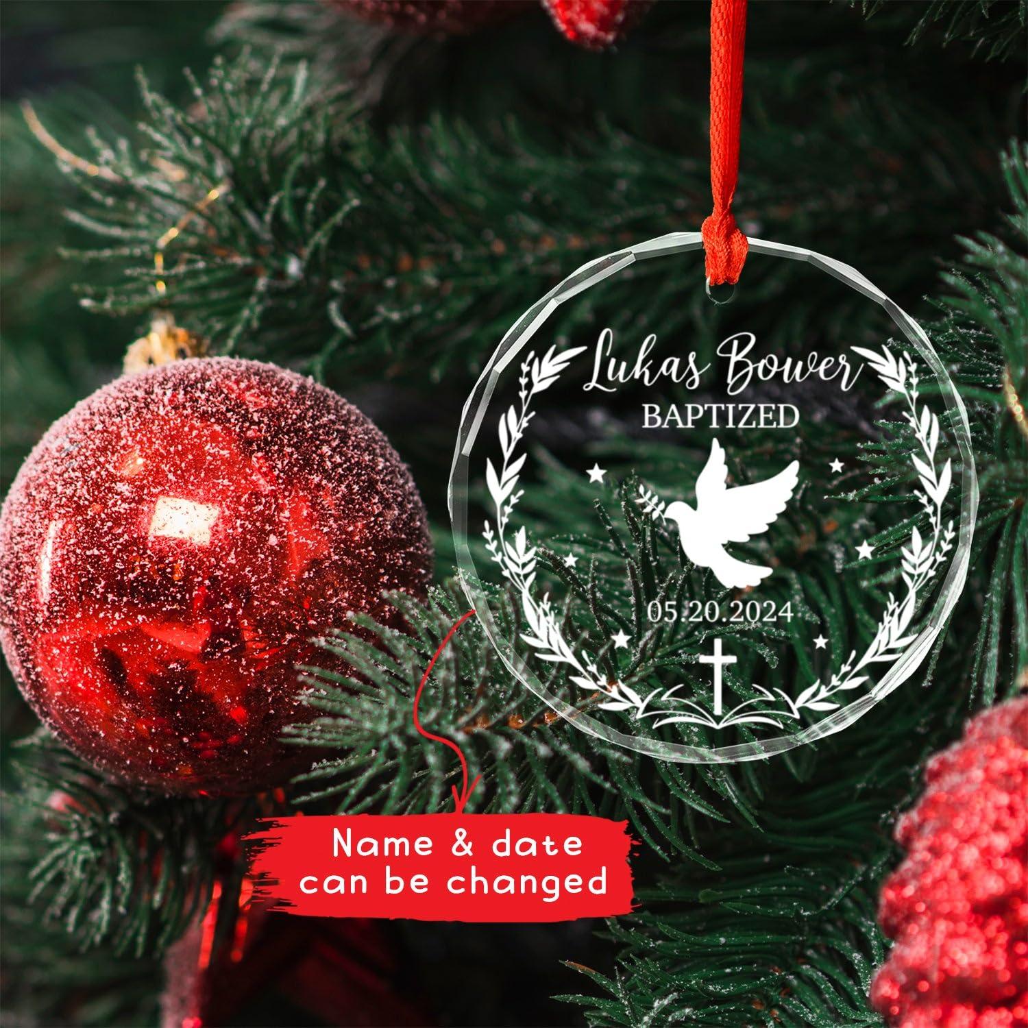 Cenluxy Baptized Glass Ornament Christmas, Personalized Baptism Ornament, Christening Xmas Ornament Gift for Godson Goddaughter from Godparents, Custom Name & Date Christening Ornament, Baby Baptism Ornament