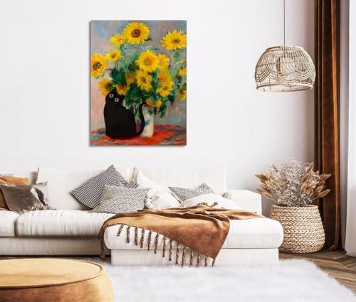 FOSULA Monet Cat Wall Art - Claude Monet Cat Wall Art Prints - Cat Monet Art - Monet Sunflowers Cat Canvas Print - Claude Monet Cat Poster - Monet Sunflowers Cat Wall Decor - Framed Ready to Hang