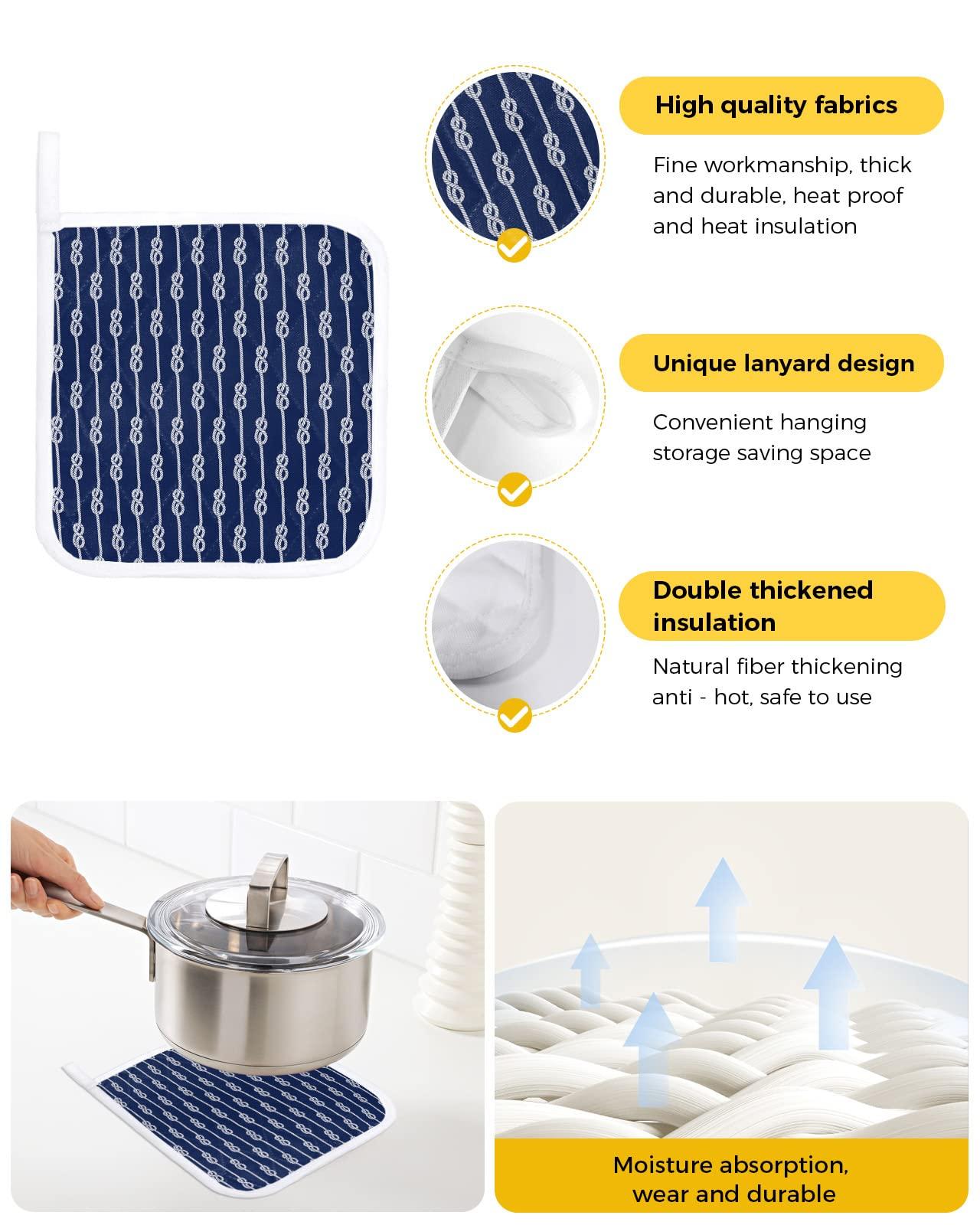 Boanket Coastal Whiet Knot Pot Holders for Kitchen, Navy Blue Summer Beach Seaside Nautical Pot Holder with Loop Trivet Heat Insulation Oven Mitts Hot Pads, Washable Potholders for Cooking Backing 2 Pack