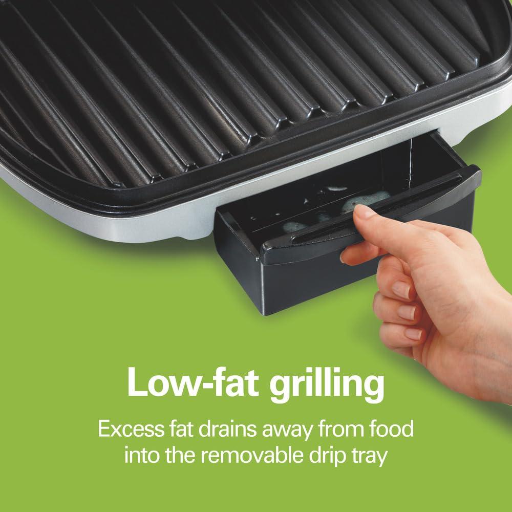 Hamilton Beach Hamilton Beach Electric Indoor Grill, 6-Serving, Large 90 sq. in. Nonstick Easy Clean Plates, Floating Hinge for Thicker Foods, 1200 Watts, 6.38\"D x 12.68\"W x 13.78\"H , Silver (25371)