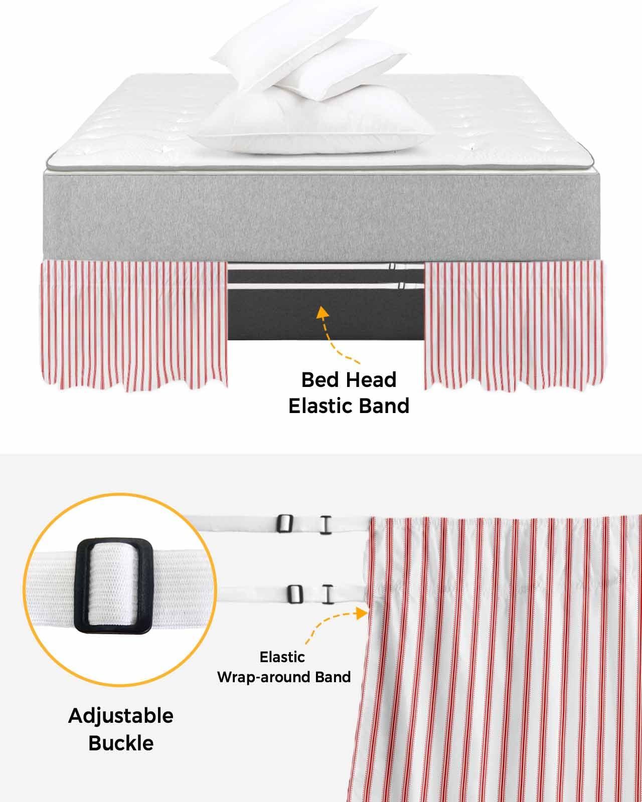 RisQiten RisQiten Red Striped Bed Skirt Queen Size 16 Inch Drop, Adjustable Elastic Bedskirt Dust Ruffle for Queen Bed, Red White Stripes Farmhouse Wrap Around Bed Skirts Luxurious Pleated Bed Frame Cover