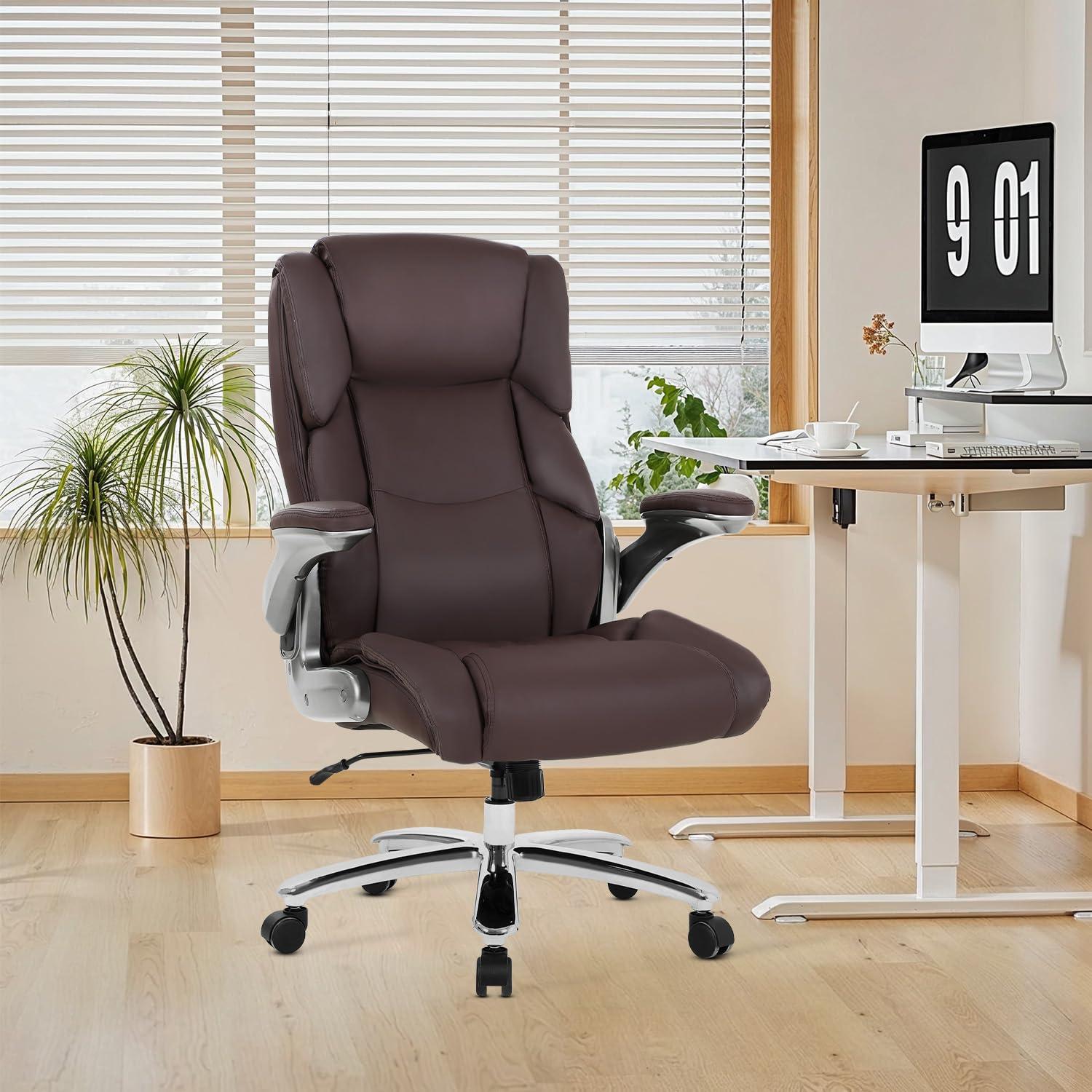 PayLessHere PayLessHere Big and Tall Office Chair 400lbs Adjustable Executive Leather Desk Chair with Armrest Computer Desk Chair Rolling Swivel Computer Pu Leather Chair for Heavy People (Brown)