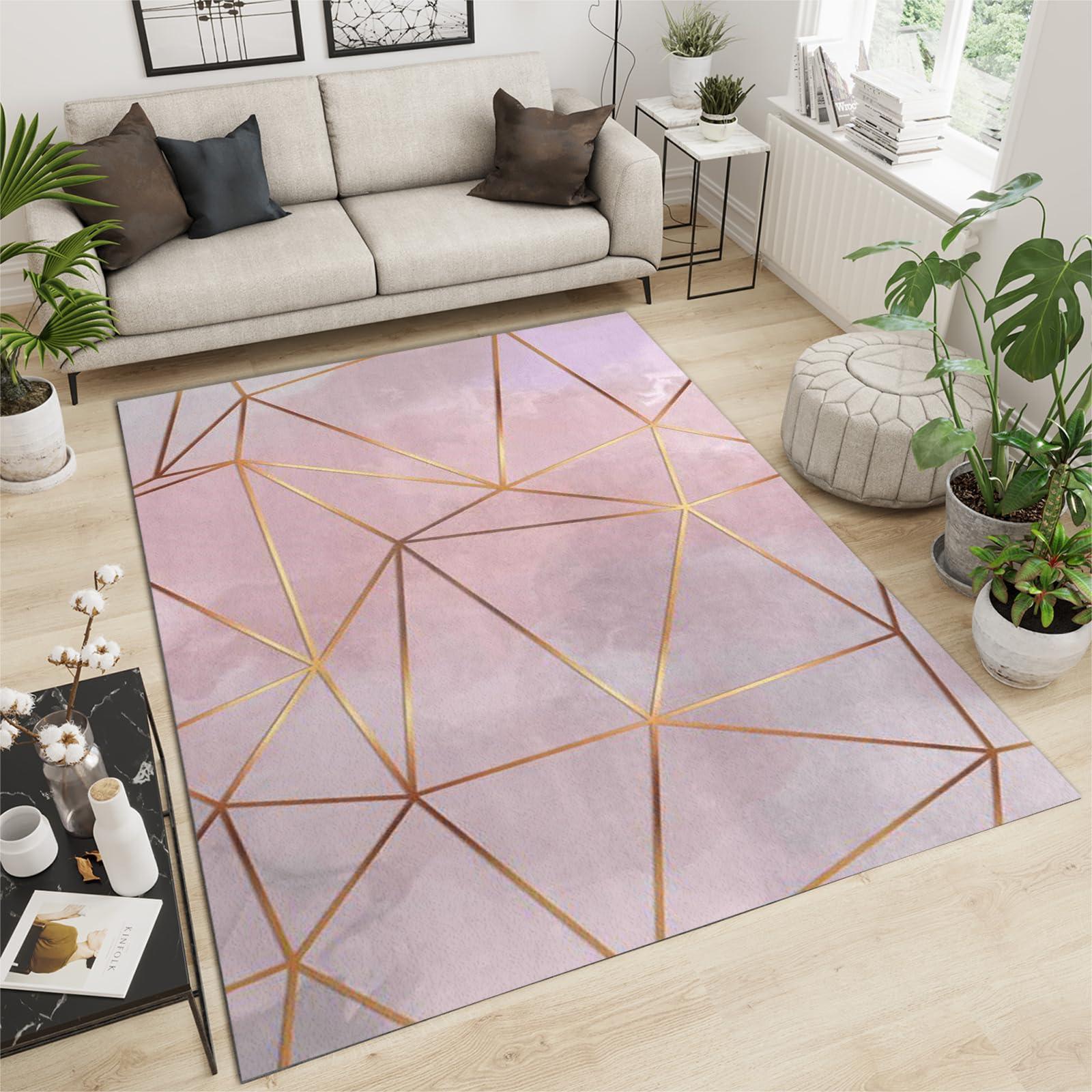 LACEABI Nordic Rose Gold Gradient Geometry Area Rug, Light Luxury Pink Indoor Non Slip Bedroom Rug, Low Pile Foldable Home Decor Carpet for Woman Bedside Living Room Kitchen Dining Room - 3 ft x 5 ft