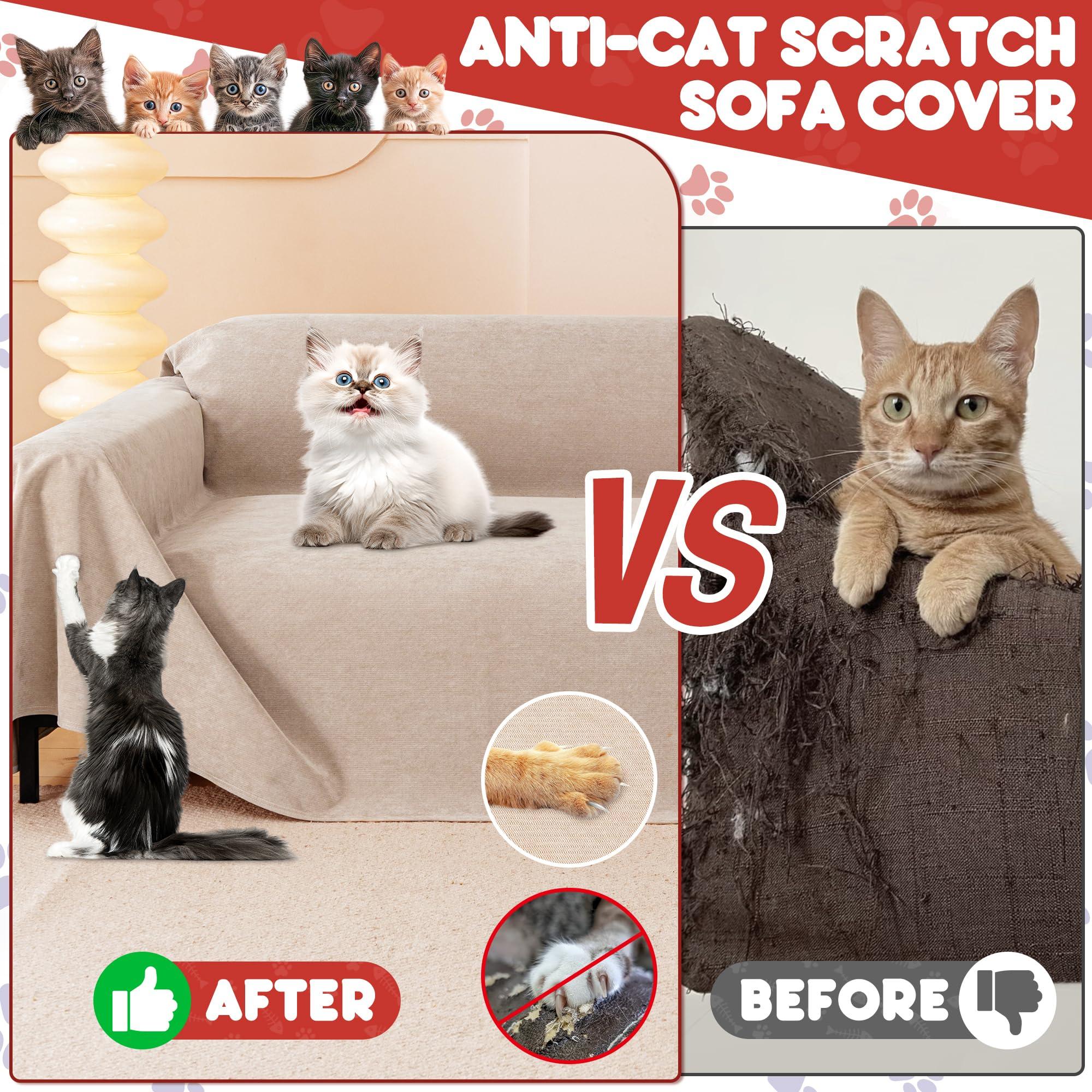 Loiion Cat Scratch Furniture Protector - Anti-Slip, Waterproof Sofa Cover to Keep Cats Off, Pet-Friendly Couch Protectors for 3 Cushion Couch, Khaki Anti-Scratch Couch Cover for Pets and Kids 134\"X71\"