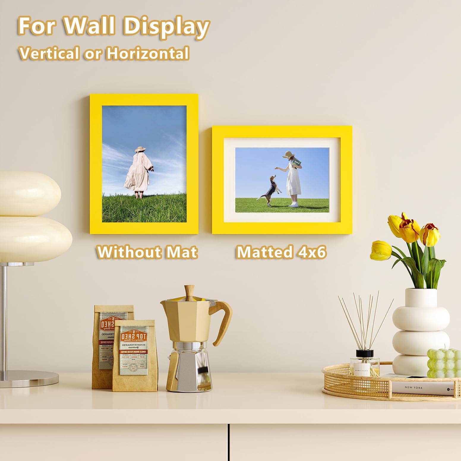 KINLINK KINLINK 6x8 Picture Frame Yellow,Wood Frame with Acrylic Plexiglass for Pictures 4x6 with Mat or 6x8 without Mat, Tabletop and Wall Mounting Display, 1 Pack