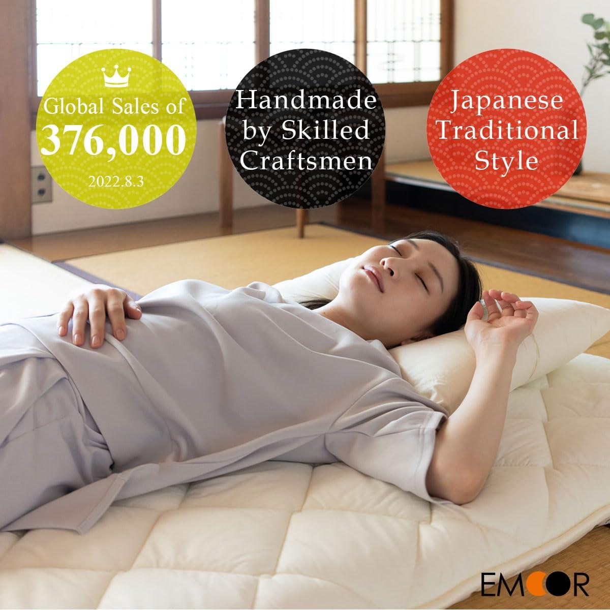 EMOOR EMOOR Japanese Futon Mattress CLASSE & Fitted Sheet PRESSO Queen Made in Japan, Cotton (White) Foldable Floor Sleeping Bed Tatami Mat