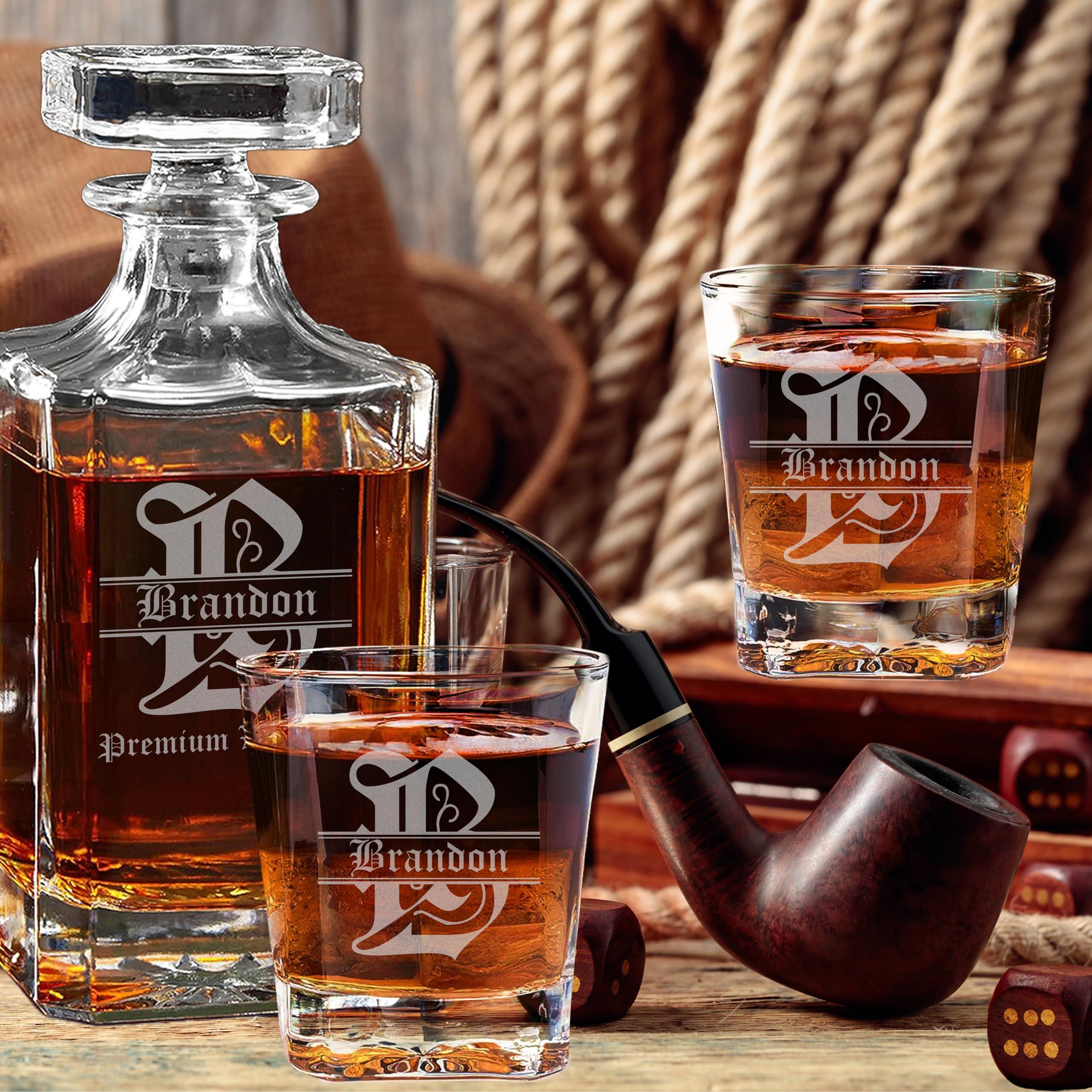 EZ CUSTOM GIFT Personalized Whiskey Decanter Set - Custom Liquor Decanter and 4 Glasses Gift Set - Engraved Whiskey Decanter Sets for Men, Anniversary Wedding Birthday Gifts for Father Husband (Design 7)