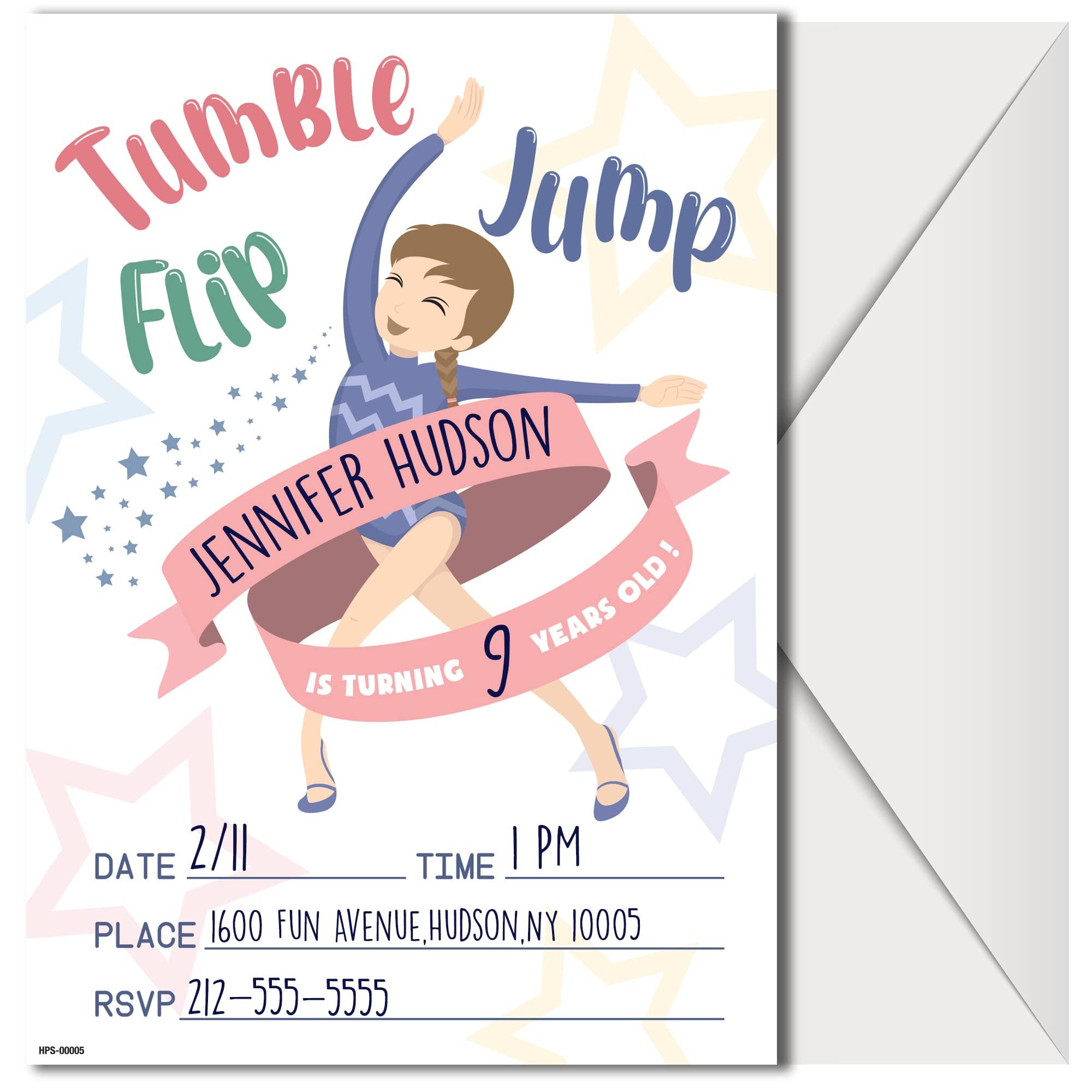 Hudson Party Supplies Gymnastic Birthday Party Invitations with Envelopes - (Pack of 20) - Invites for Girls, Children, Toddlers and More. Fill in Style. Gymnastics Theme Party Supplies.