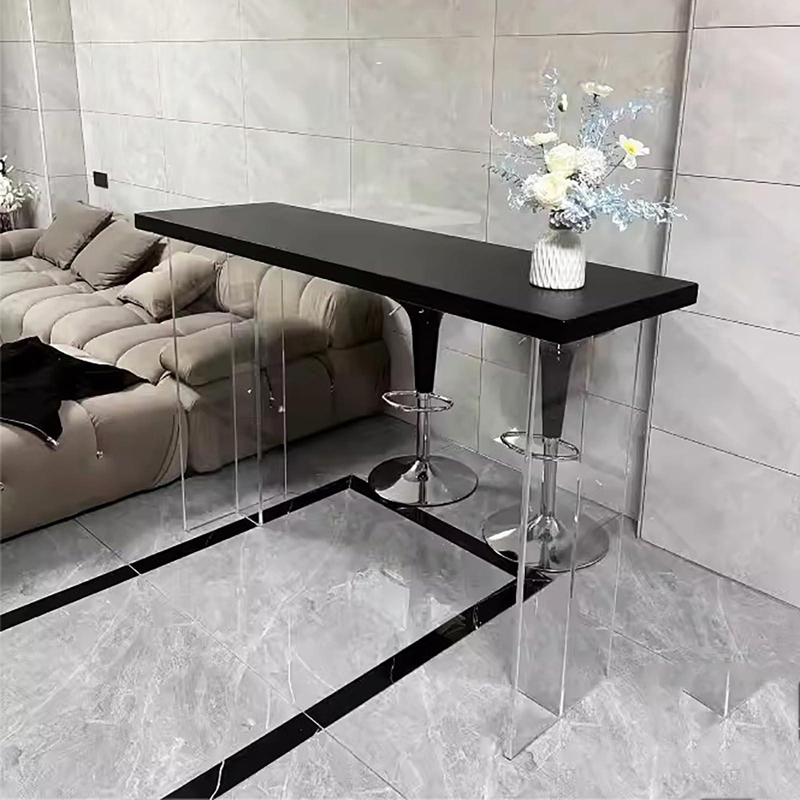 Topjia Bar Height Table,Solid Wood Tabletop & Acrylic Leg,Modern Bar Top Table Narrow Bar Table,Tall Counter Height Table Transparent Pub Tables Dining Table Kitchen Table,No Stool(47.2\", Black)