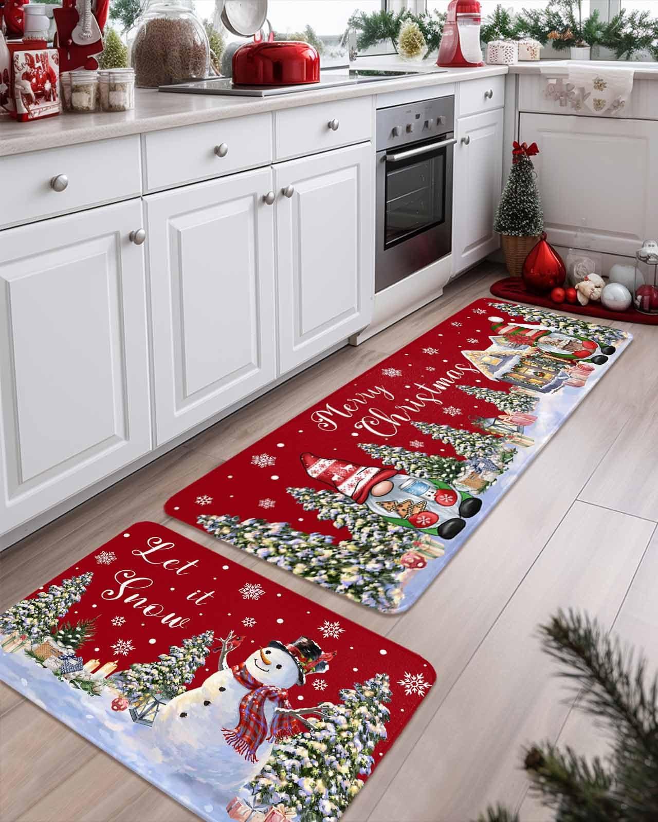 LooPoP Christmas Kitchen Rugs Set of 2 Snowman Kitchen Mats Gnome Red Xmas Tree Doormats Non Skid Area Runner Rugs Carpet Absorbent Floor Mat for Kitchen Home Winter Holiday Christmas Decorations Gifts