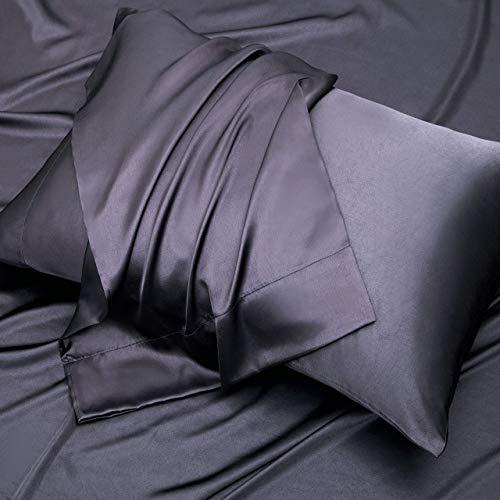 Impression Bedding Silk Satin Sheets Set | Silk Satin Sheets Set Super Queen | Super Queen Sheets Set Dark Grey | Silk Fitted Sheet 24 Inch Deep Pocket | 4 Pc Sheet Set | Silk Flat Sheet & Pillowcases Set.