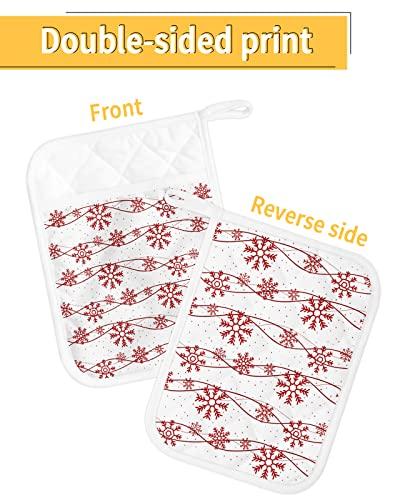 LEOKOTI 5 Pack Pocket Pot Holders, Christmas Snowflake Hot Pads for Kitchen Heat Insulation Potholders, Xmas Winter Red Snowflake White Decor Pot Holder Oven Mitts Hot Pad Trivet for Baking Cooking 9\"x7\"