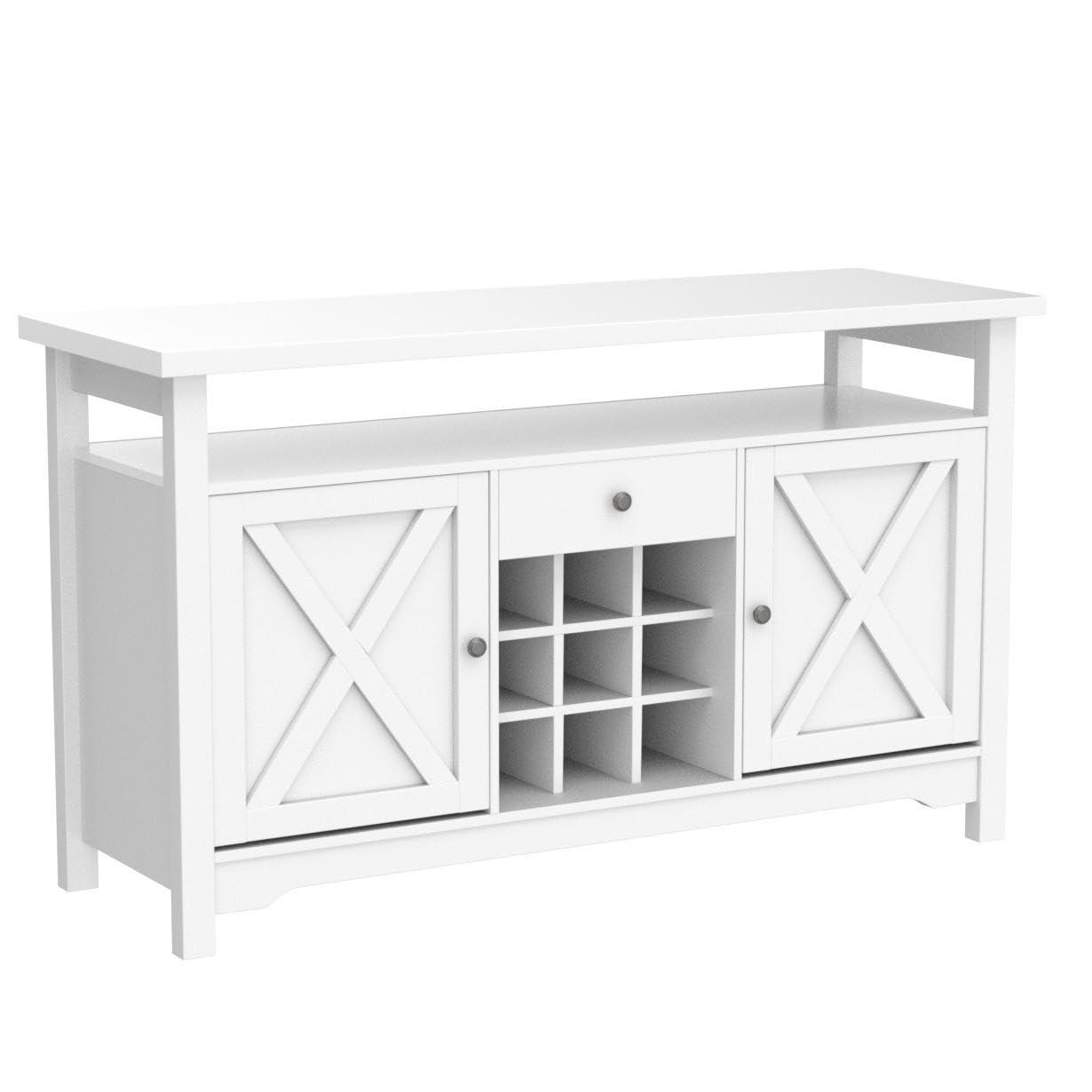 Catrimown Coffee Bar Cabinet with Storage, 47 White Coffee Station Cabinet, Farmhouse Coffee Bar Buffet Cabinet with Drawer, 9 Wine Racks, Barn Doors for Kitchen, Living Room
