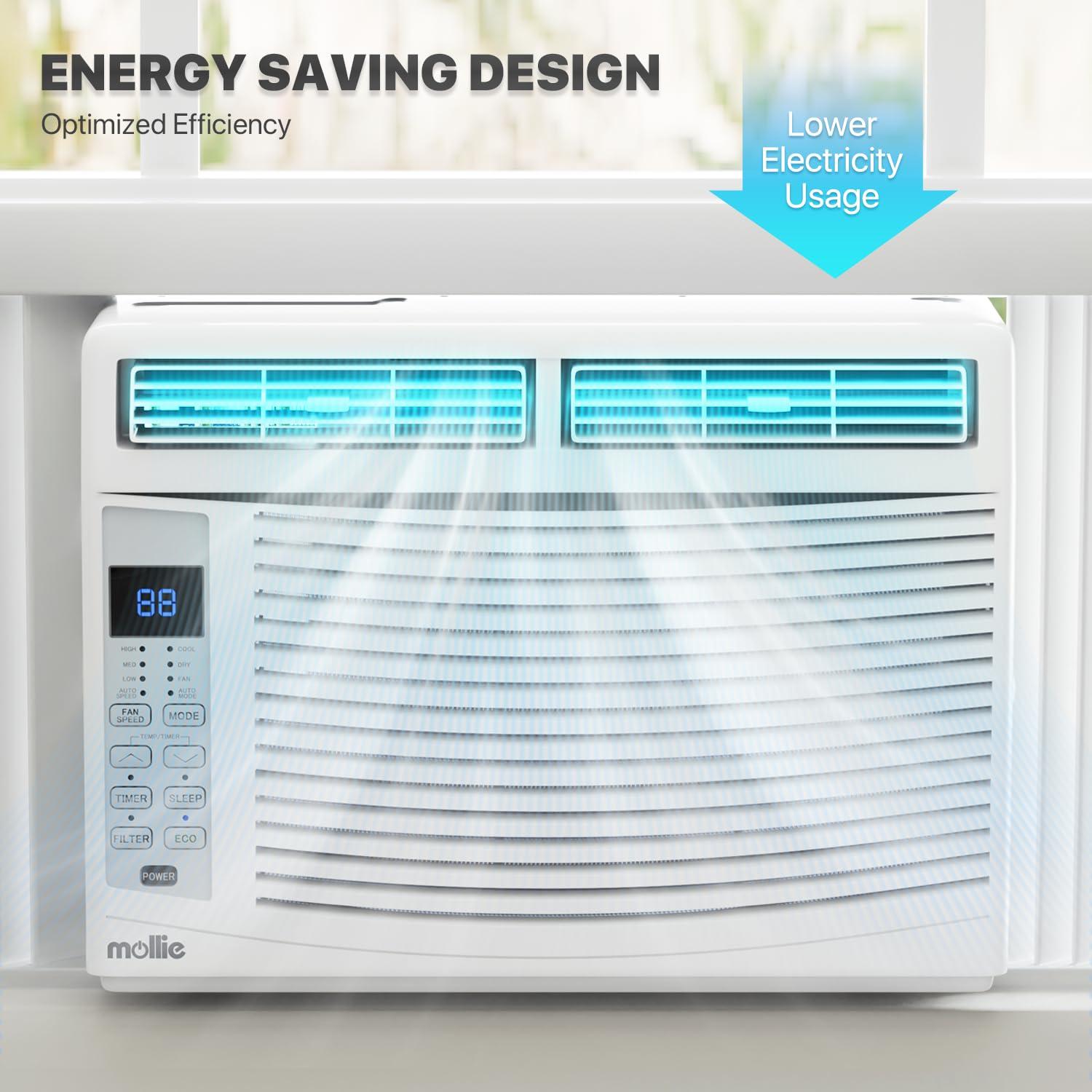 mollie mollie 6000 BTU Window Air Conditioner, ac window unit with Washable Filter, Remote, Dehumidifier, Fan, Cools Up to 250 Square Feet, 115V/60Hz