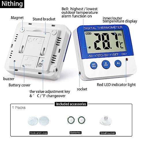 Nithing Fridge Freezer Thermometer Max/Min Memory LXSZRPH High & Low Temperature Alarms Settings with LED Indicator Digital Refrigeration Thermometer with Magnetic,Stander