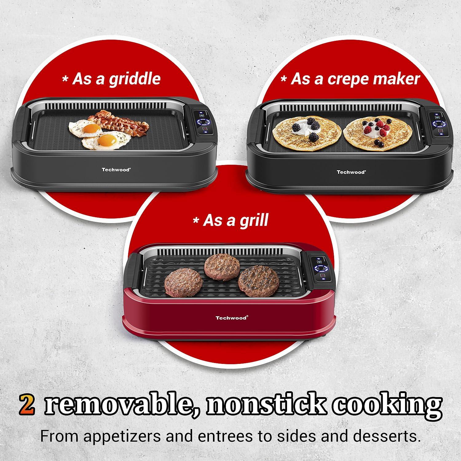 Techwood Indoor Smokeless Grill, Techwood 1500W Electric Indoor Grill with Tempered Glass Lid, Portable Non-stick BBQ Korean Grill, Turbo Smoke Extractor Technology, Drip Tray& Double Removable Plate, Black