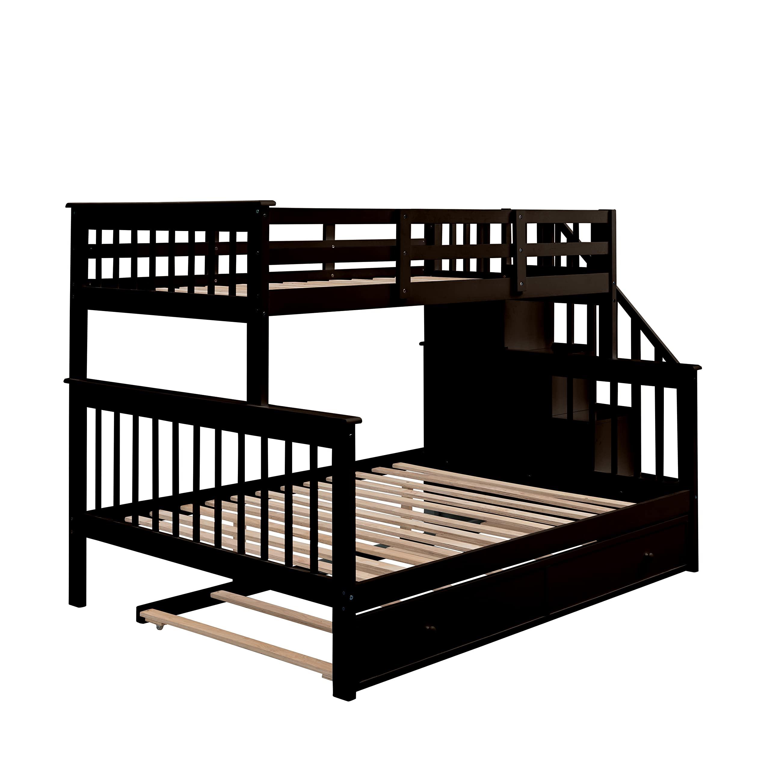 Generic Generic Twin-Over-Full Bunk Bed with Twin Size Trundle, Storage and Guard Rail for Bedroom, Dorm, for Adults, Espresso