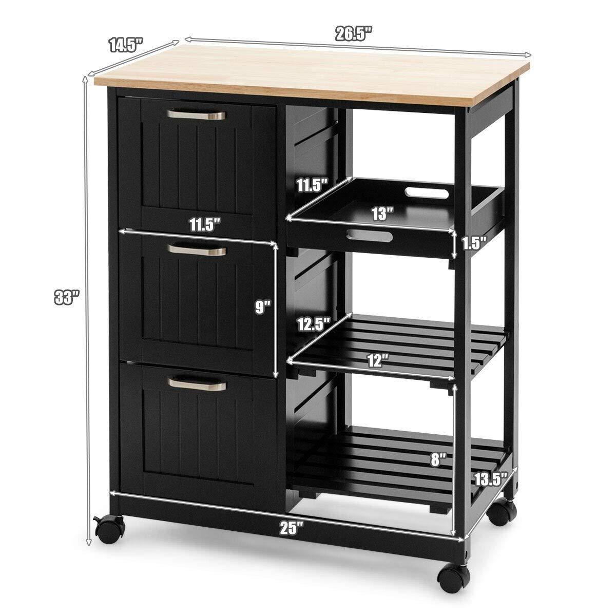 LHONE LHONE Rolling Kitchen Island Cart 3-Tier Industrial Wood Trolley Serving Cart Storage Cabinet Utility Cart on Wheels & Three Storage Drawers (Black)