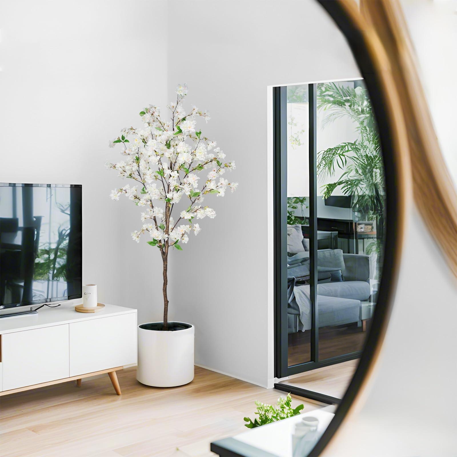 TDIAOL 6FT Artificial Cherry Blossom Tree, Lifelike White Cherry Plant in Pot for Indoor, Garden, Office, Wedding & Party Decoration