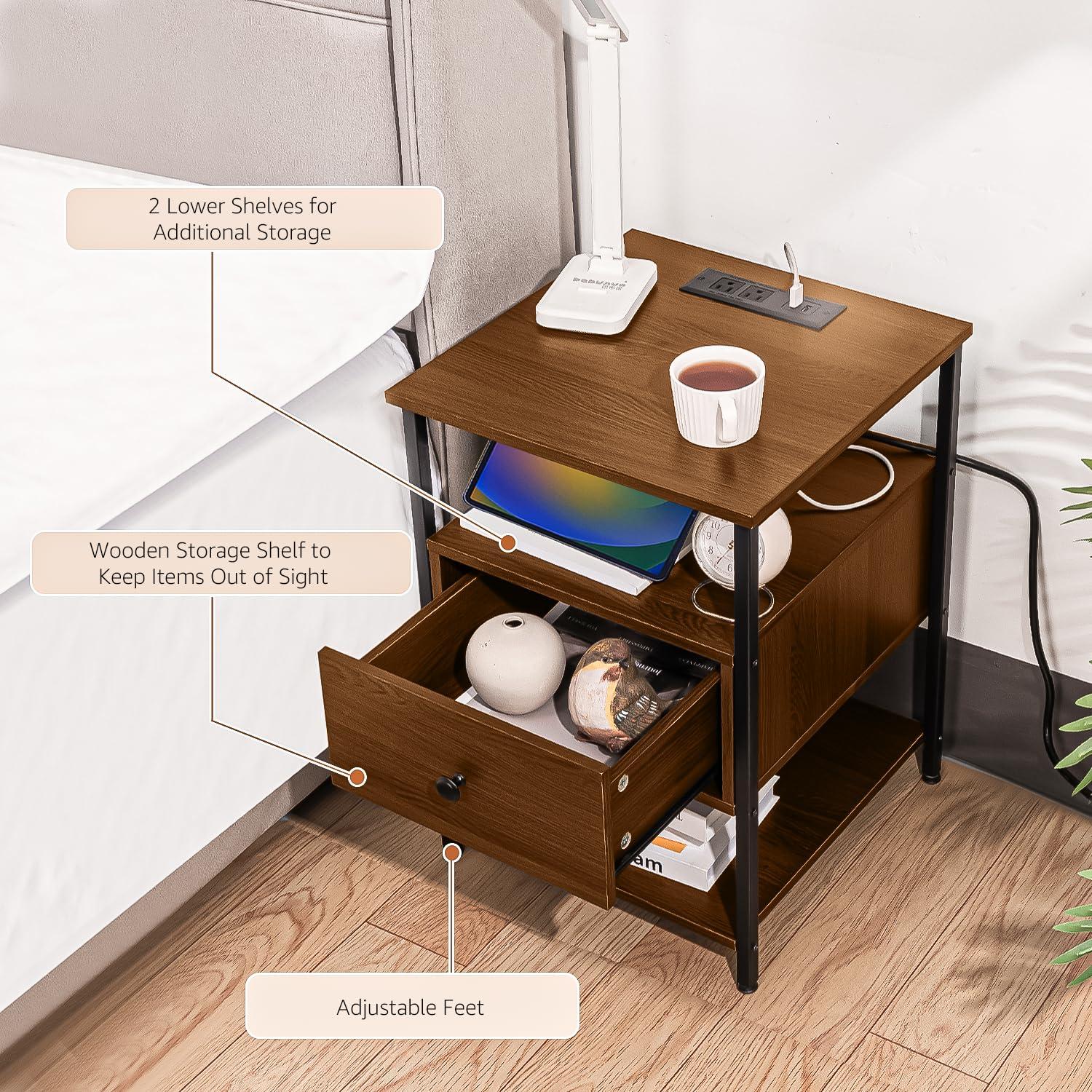 Our Modern Space Our Modern Space Wooden Nightstand with Charging Station USB Port and Single Drawer | Bedside Table End Cabinet for Living Room Bedroom Dorm - Rustic Brown