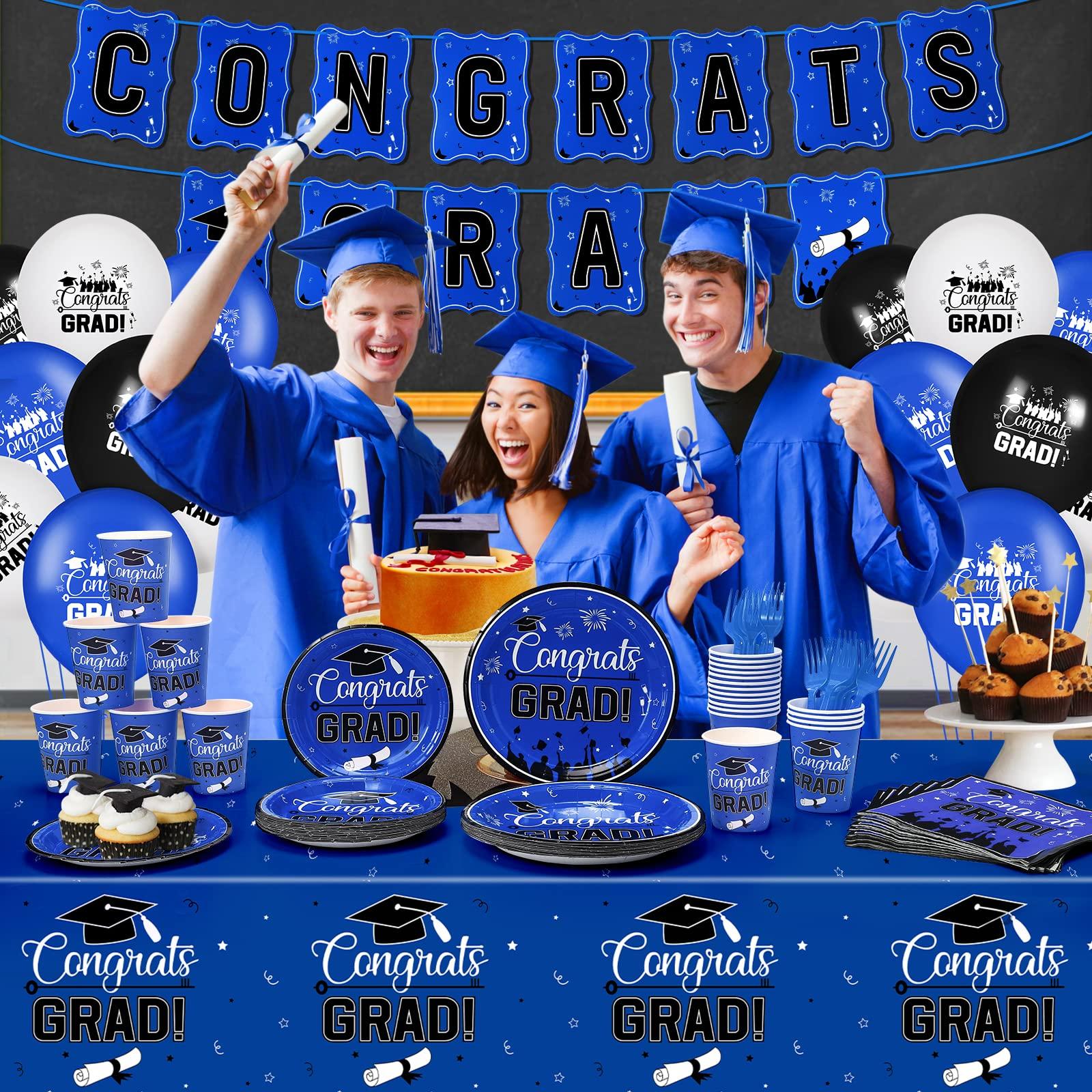 Rumia Graduation Party Decorations 2024 Blue Black Serve 24 Disposable Dinnerware Tableware Plates Napkins Cups Tablecloth Banner Balloons Graduation Congrats Grad Supplies for Class of 2024 School Students