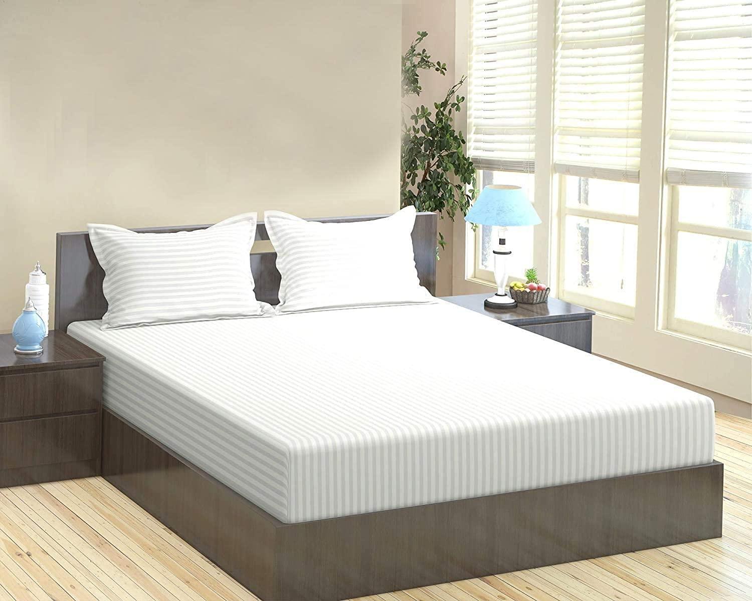 Sheets N More Sheets N More 1000 Thread 100% Egyptian Cotton 1PC Fitted Sheet - Twin ,White ,Strip with Elastic All Around Fits Mattress Upto 15 Inches Deep Pocket