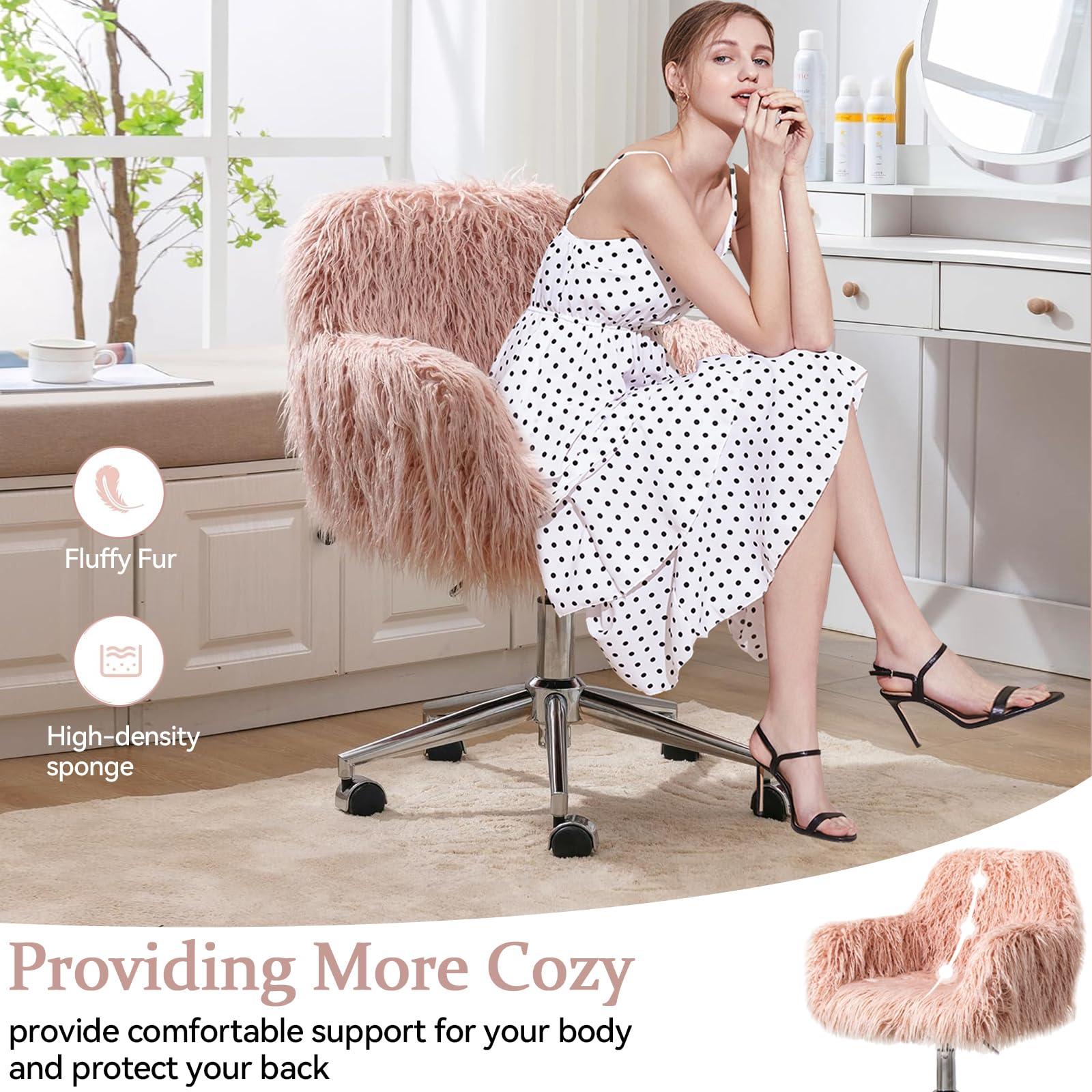 HomVent HomVent Faux Fur Vanity Chairs with Wheels Pink Furry Makup Desk Chair for Kids,Women,Grils,Cute Home Office Computer Chair,Swivel Task Arm Chairs for Bedrooms,Living Room,Study,Dressing