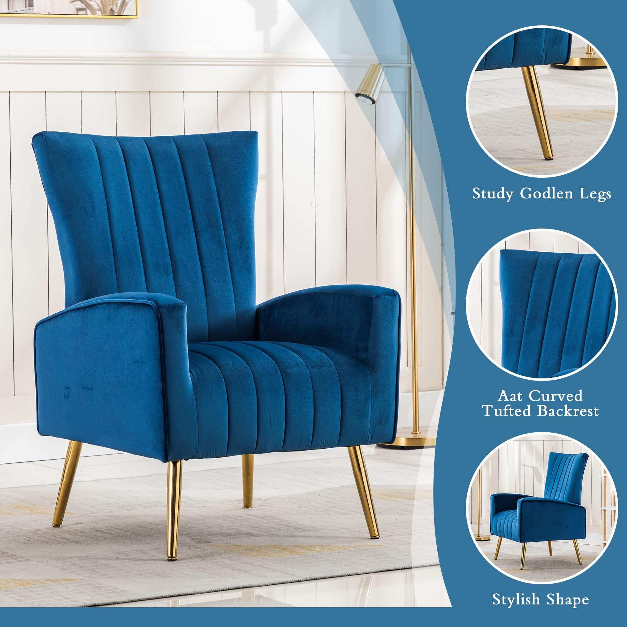 LSSPAID LSSPAID Velvet Accent Chairs Set of 2, Modern Fabric Upholstered Living Room Chairs Armchairs with Wing Back and Metal Legs, Navy Blue