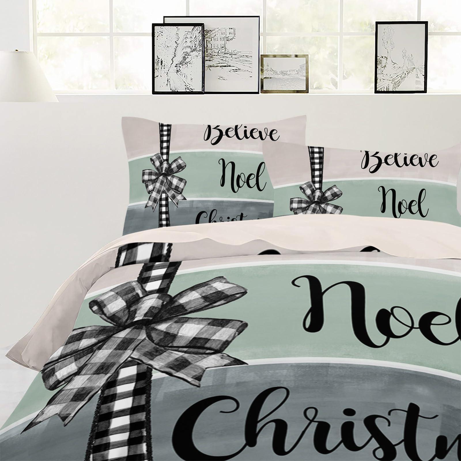 Debedcor Christmas Duvet Cover Cal. King Size, Beige Teal Grey Oil Painting Xmas Bow Knot Comforter Cover with Zipper Closure, 3 Piece Bedding Sets 1 Duvet Cover 90x106 Inches and 2 Pillow Shams