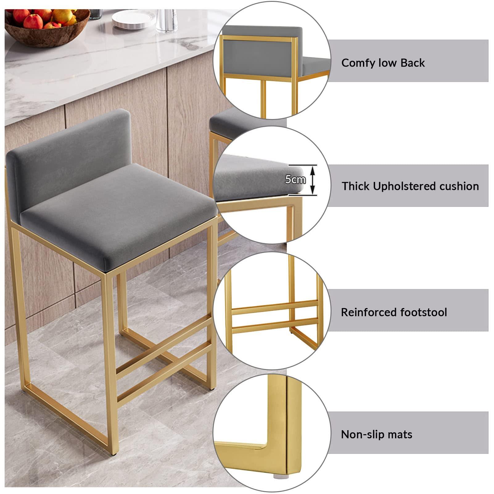 Lsoiup Bar Stools Set of 1/2 Modern Metal Bar Stools with Golded Footrest Velvet Dining Bar Chairs Seat for Kitchen Island