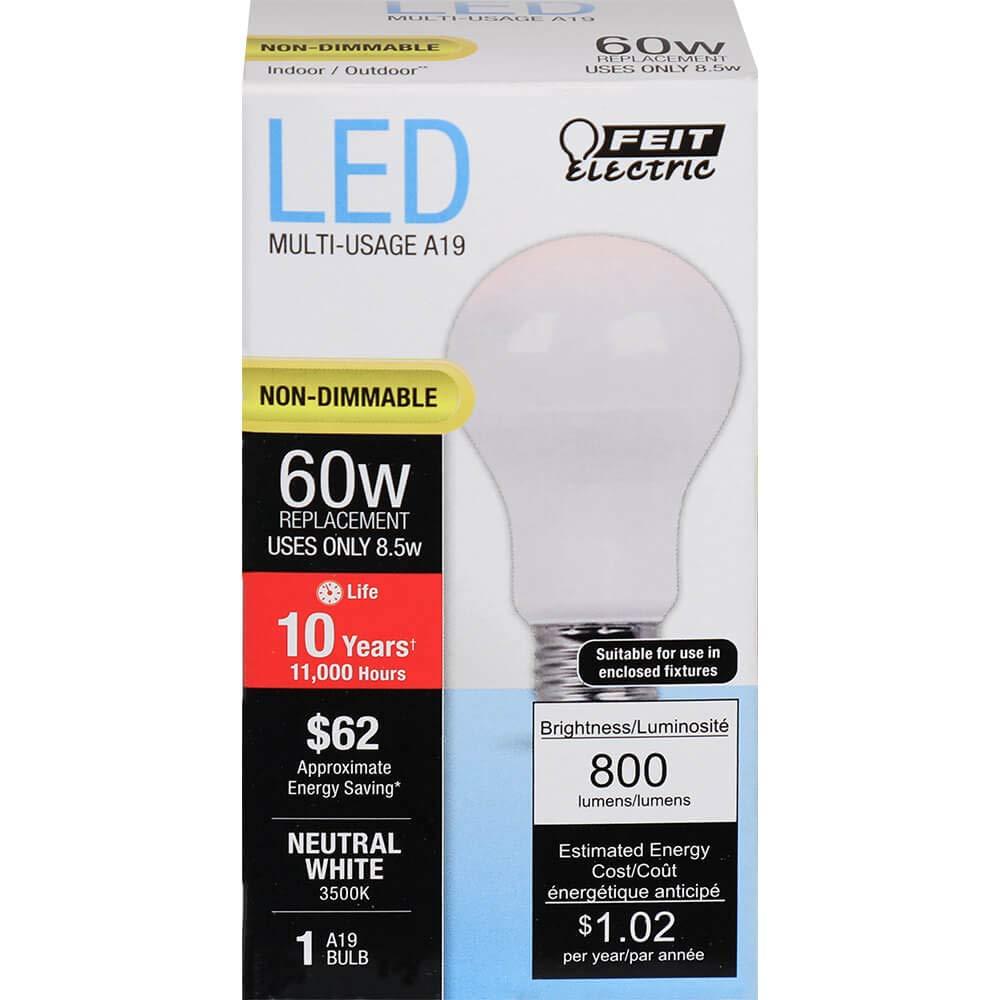 Feit Electric Feit Electric A19 LED Light Bulb, 60W Equivalent, E26 Medium Base, 800 Lumens, 3500K Neutral White, Non-Dimmable Standard Light Bulb, 10-Year Lifetime, A800/835/10KLED