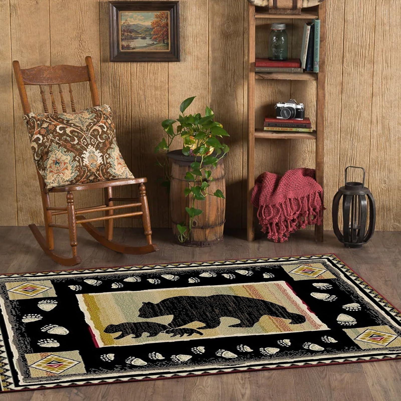 TuLdys TuLdys Rustic Cabin or Lodge Theme Rug, 3x5ft/36x60in, Bear and Cub Design with Trees in Background and Bear Track Patterned Edges Imitation Cashmere Area Rugs with 4 Pcs Carpet Gripper