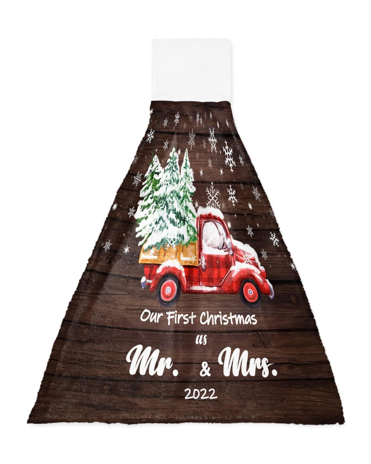 Kewadony Kewadony 1 Pack Hanging Kitchen Hand Towels, 2022 Christmas Hand Tie Towels with Hanging Loop, Red Truck Xmas Tree Snowflake Retro Wood Grain Soft Absorbent Towels Set for Bathroom and Kitchen