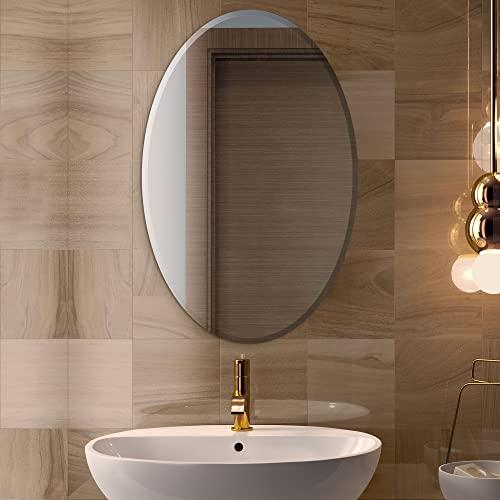 Fab Glass and Mirror Fab Glass and Mirror Oval Mirror 1" Beveled Edge - Frameless Wall Mounted Mirror with Hooks for Bathroom, Vanity Room, Bedroom, Living Room 22"x39"