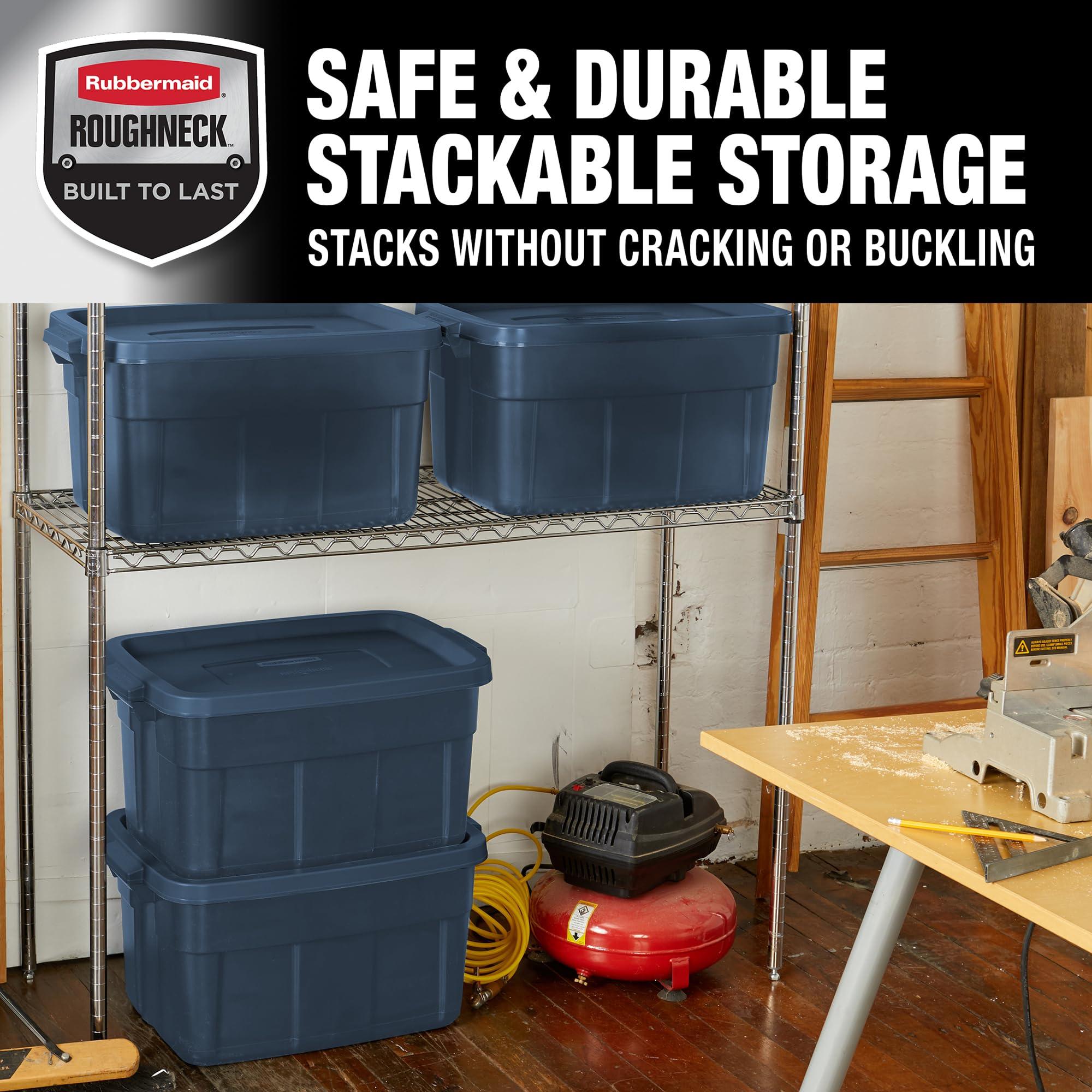 Rubbermaid Rubbermaid Roughneck Tote 14 Gal, 6 Pack, Made in USA, Dark Indigo Metallic, Rugged Plastic Stackable Storage Bins with Lids and Handles