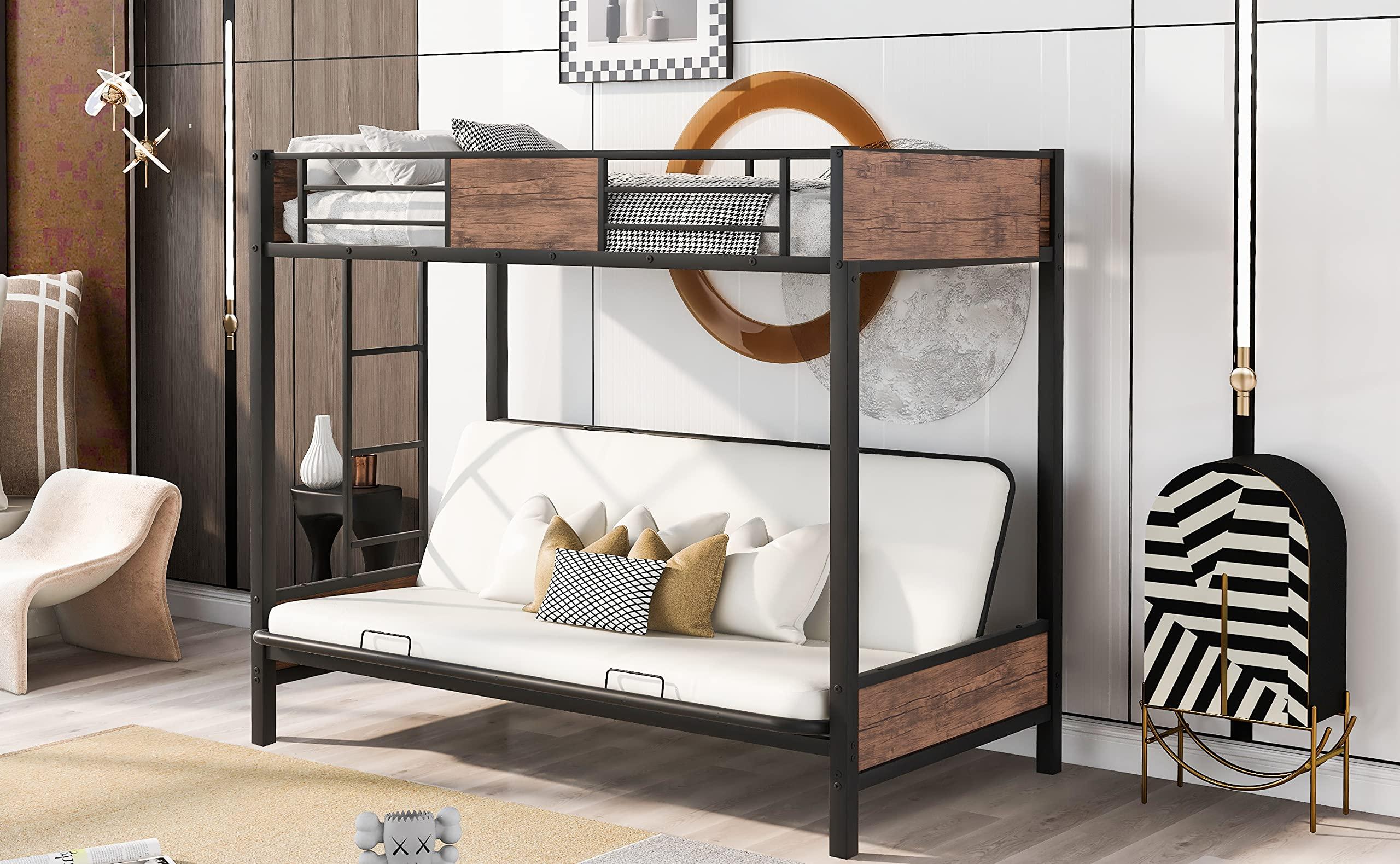 HomeLoft Basics Twin-Over-Futon Bunk Bed, Metal Futon Bunk Bed Frame with Guardrails and Ladder(Black)