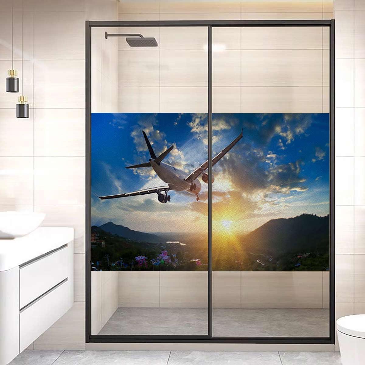 MizuH MizuH Window Stickers Insulated Vinyl Window Film Travel Privacy Window Film Stained Glass Sliding Door Sticker Plane on Air Night Scene Over City Image 17.7 W x 23.6 L lnch Orange Blue