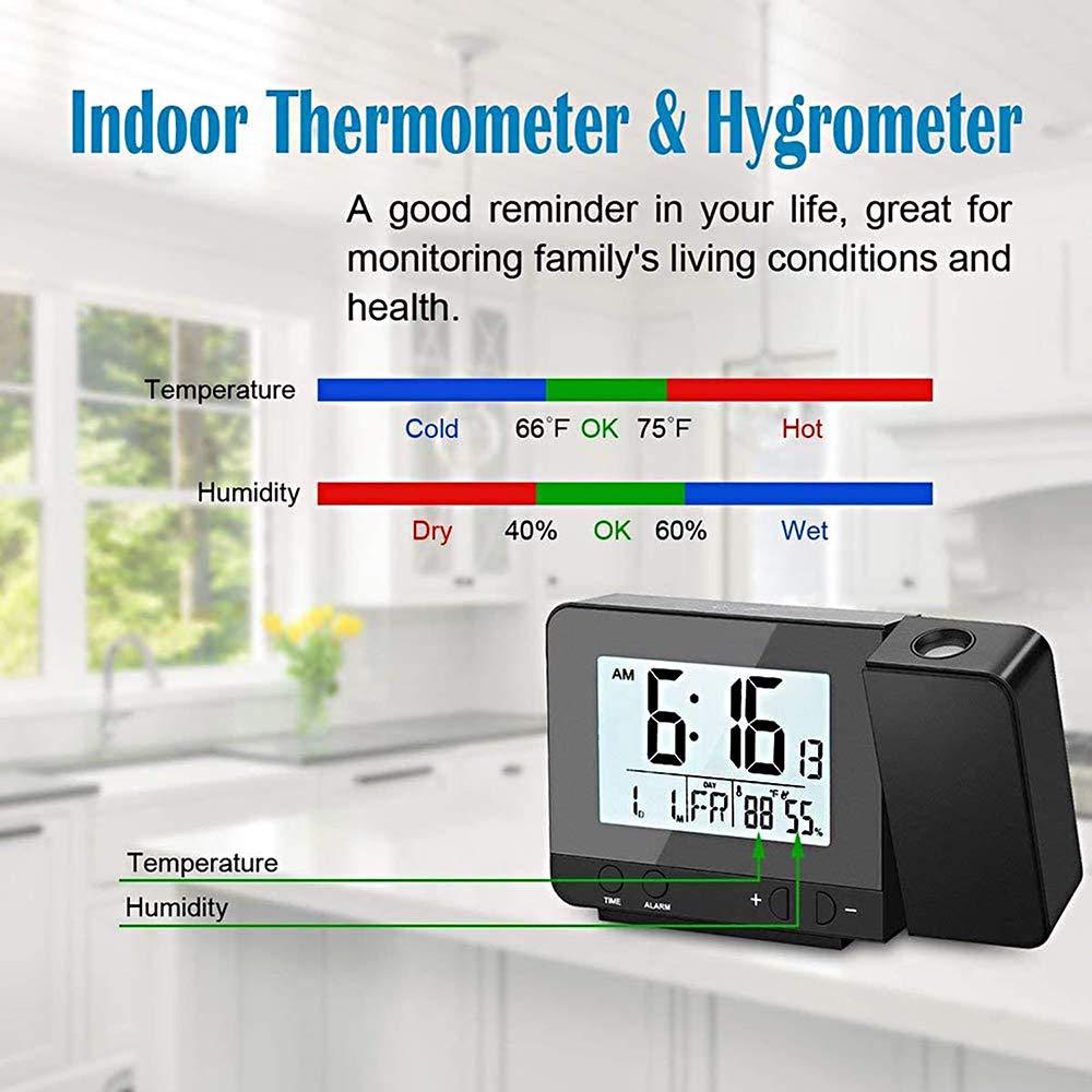 IUPPA IUPPA Projection Alarm Clock for Bedroom with Hygrometer Digital Project Ceiling Clock Dimmable LED Display with USB 180Rotable with Dual Alarms 12/24H Snooze