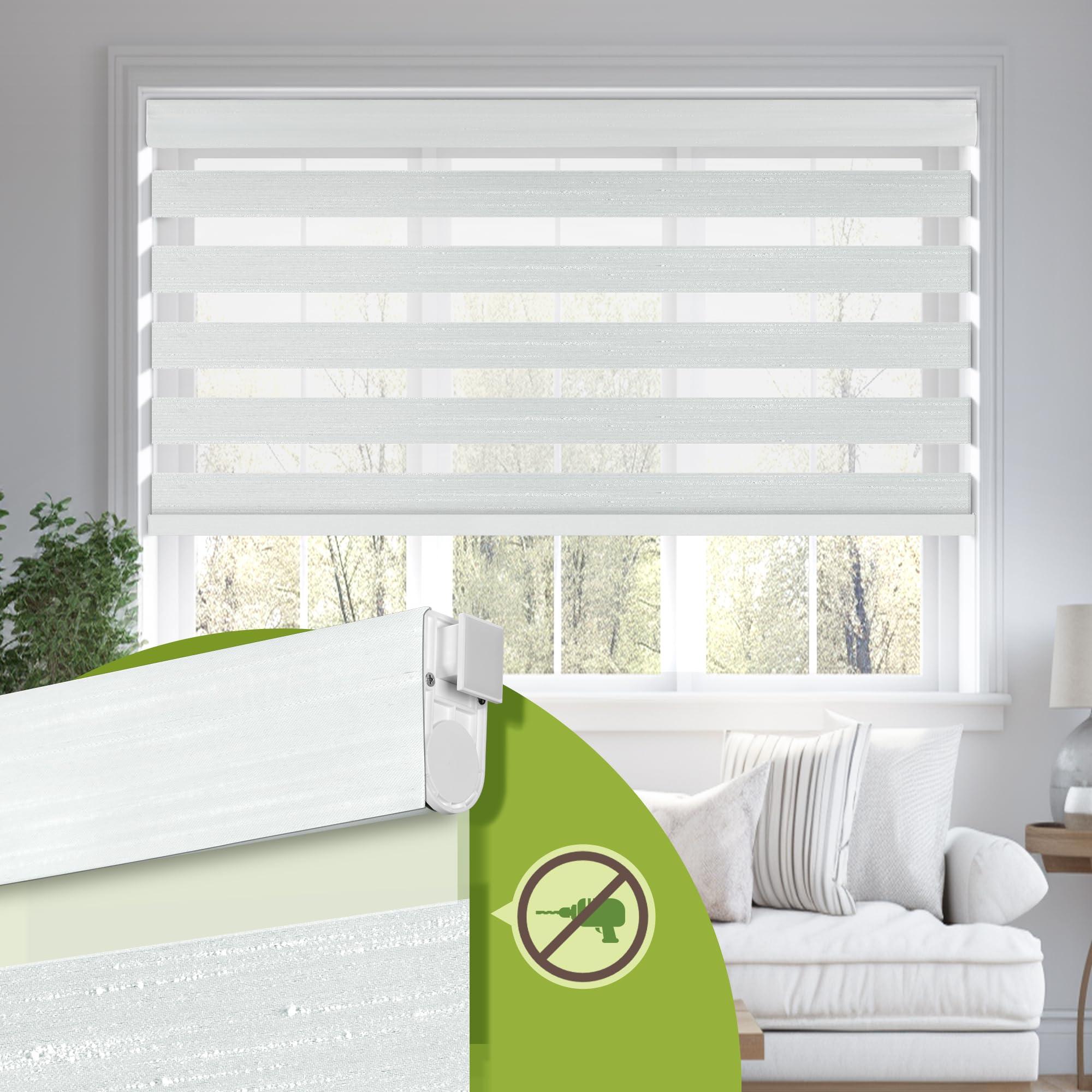MoDanCeQ MoDanCeQ No Drill No Tools Cordless Dual Layer Zebra Blinds for Windows, Blackout Zebra Shade for Indoor Windows,Easy to Install Thermal Insulated Blinds, Silver White, 31.5" W x 64" H