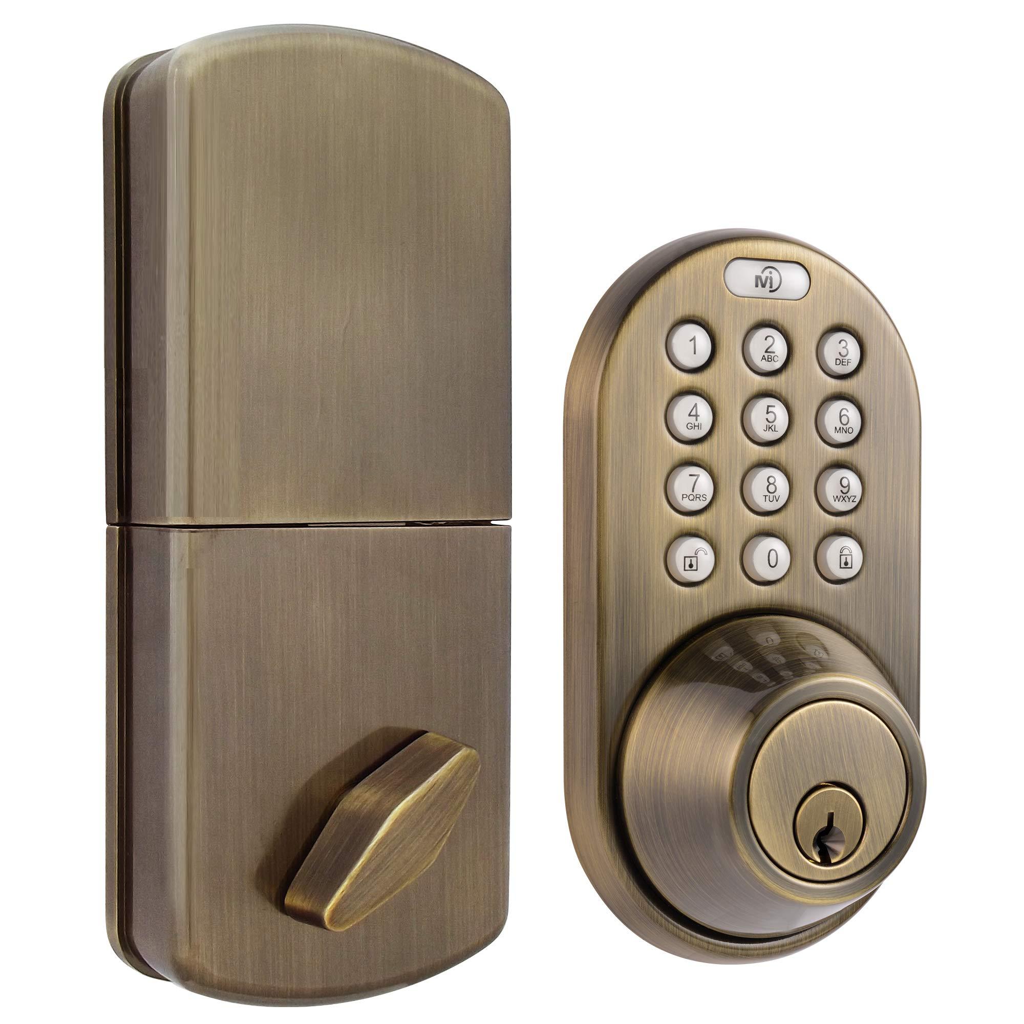 MiLocks MiLocks XF-02AQ Digital Deadbolt Door Lock with Keyless Entry via Remote Control and Keypad Code for Exterior Doors, Antique Brass