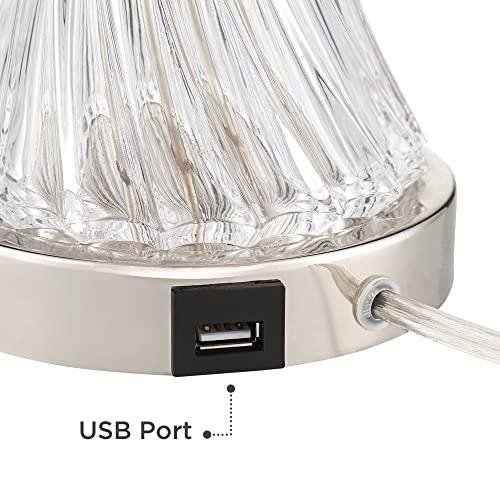 Regency Hill Regency Hill Luca Modern Table Lamps 25.5\" High Set of 2 with USB Charging Port Glass Chrome Silver Metal White Fabric Drum Shade for Living Room Bedroom House Bedside Nightstand Home